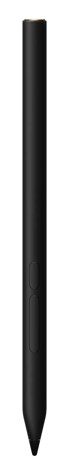 Czarny rysik na czarnym tle. Ma dwa przyciski i spiczastą końcówkę.