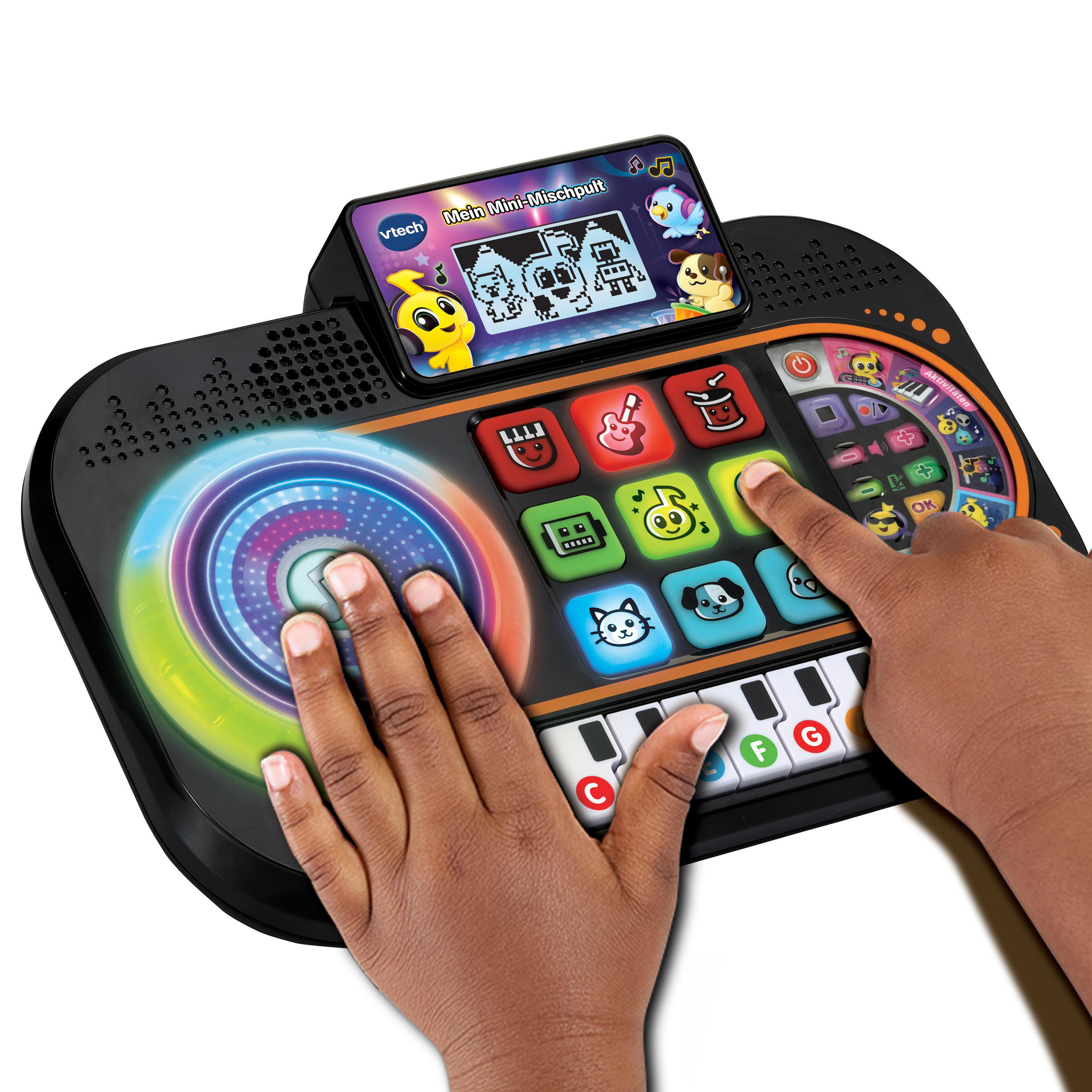 Spielzeugkeyboard mit Knöpfen, einem Bildschirm und Kinderhänden, die spielen. Bunt.