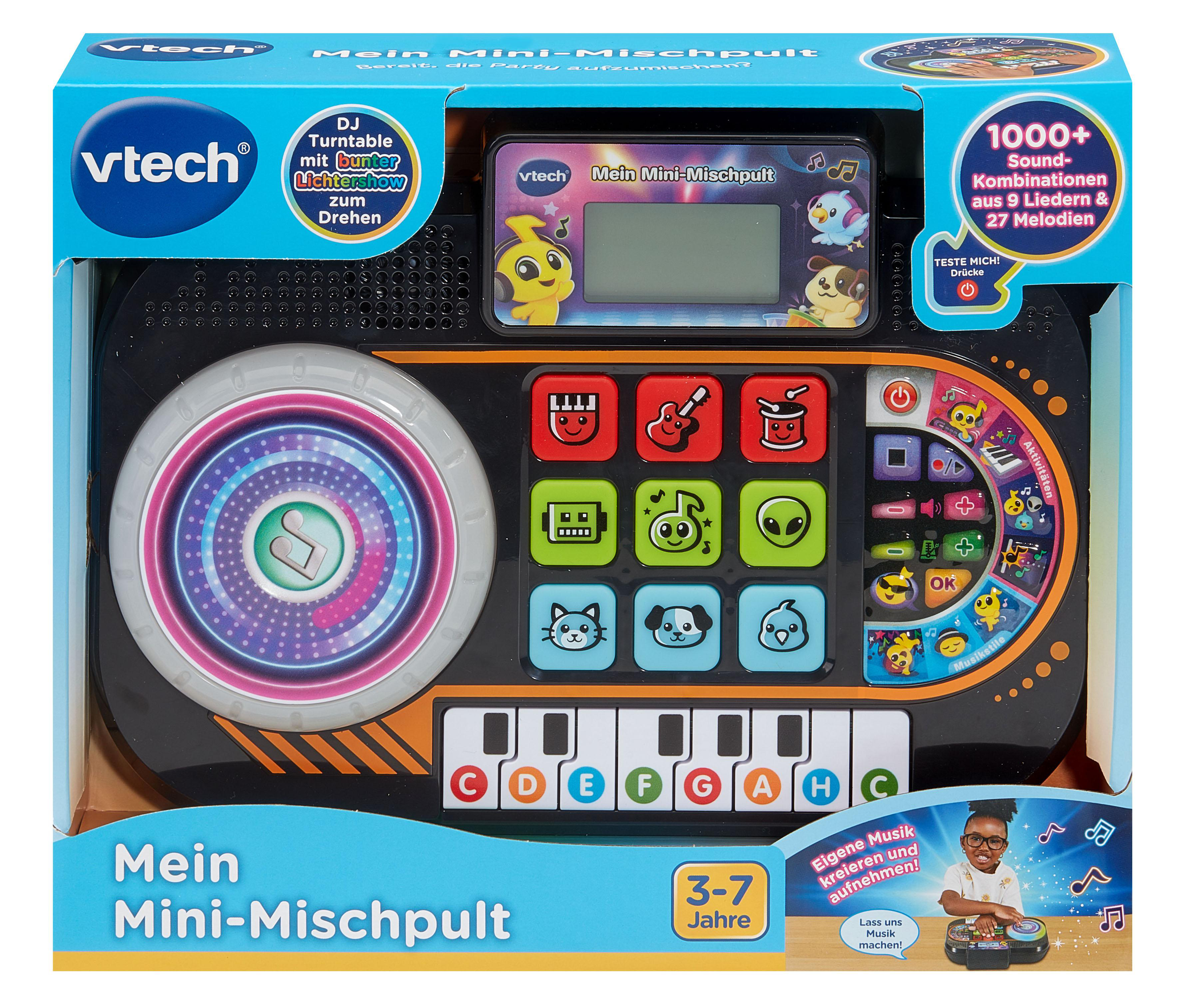 Spielzeug-DJ-Mixer mit bunten Knöpfen und einem Bildschirm, in einer Box.