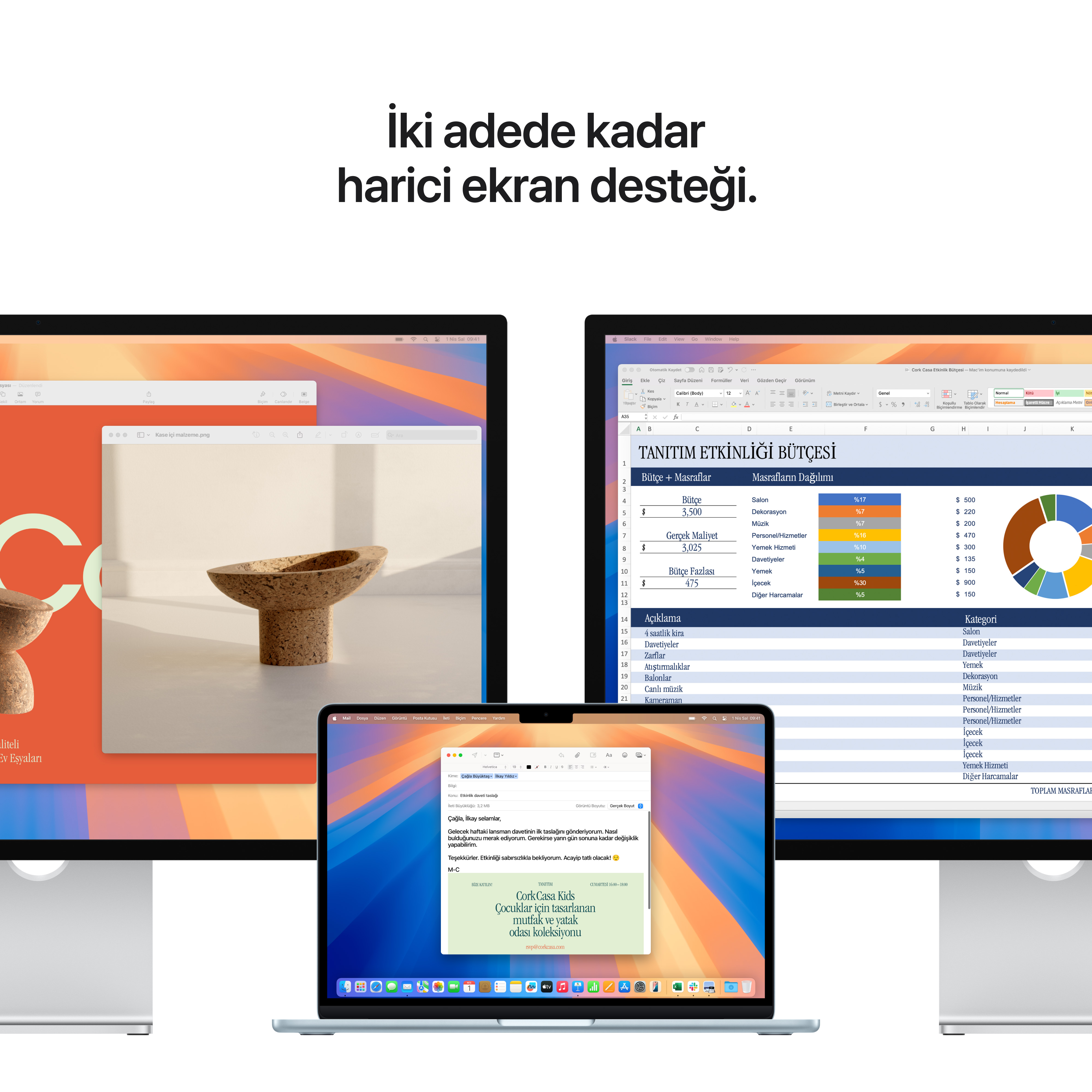 Farklı içerikleri gösteren üç monitör. Üstte Türkçe metin. Hepsi gümüş standlarda.
