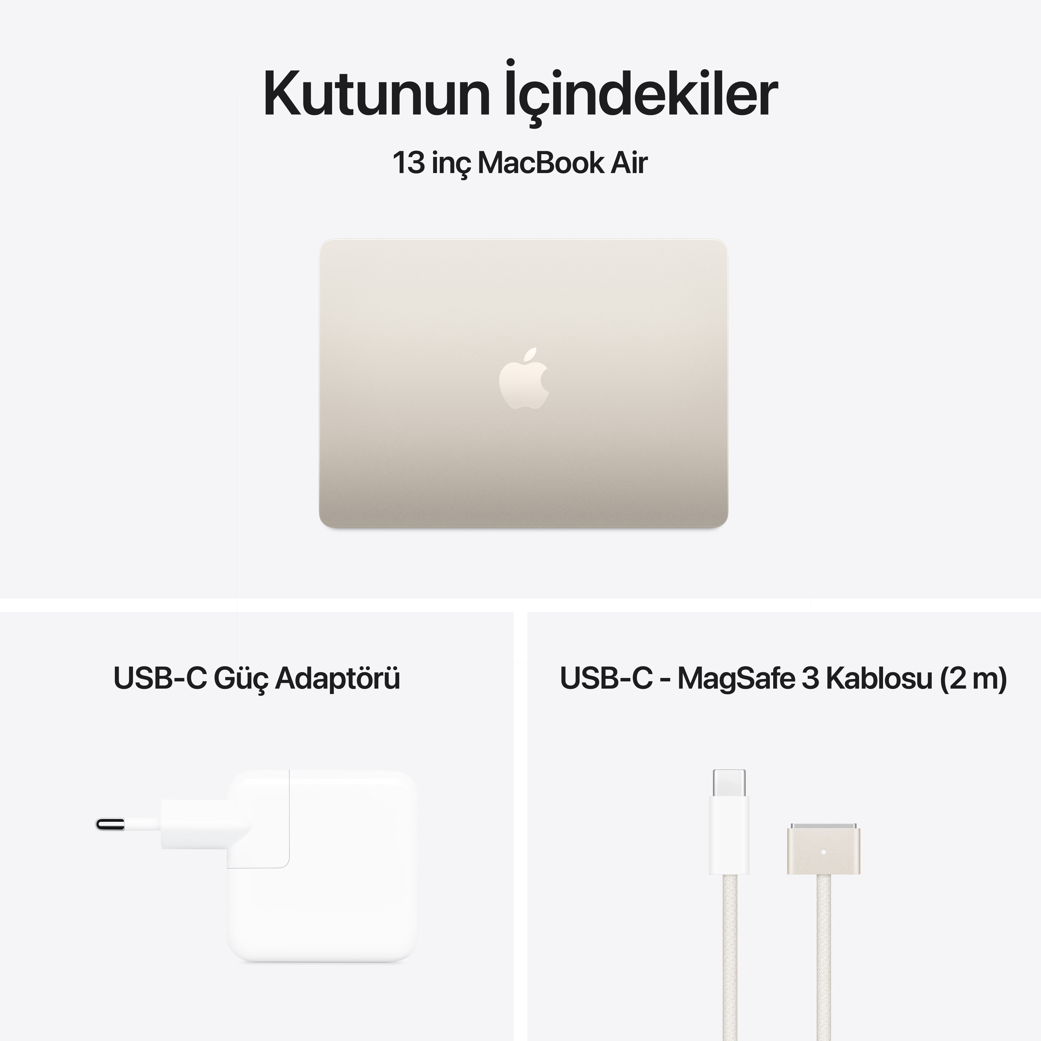 Beyaz bir arka plan üzerinde bir dizüstü bilgisayar, bir güç adaptörü ve bir USB-C kablosu.
