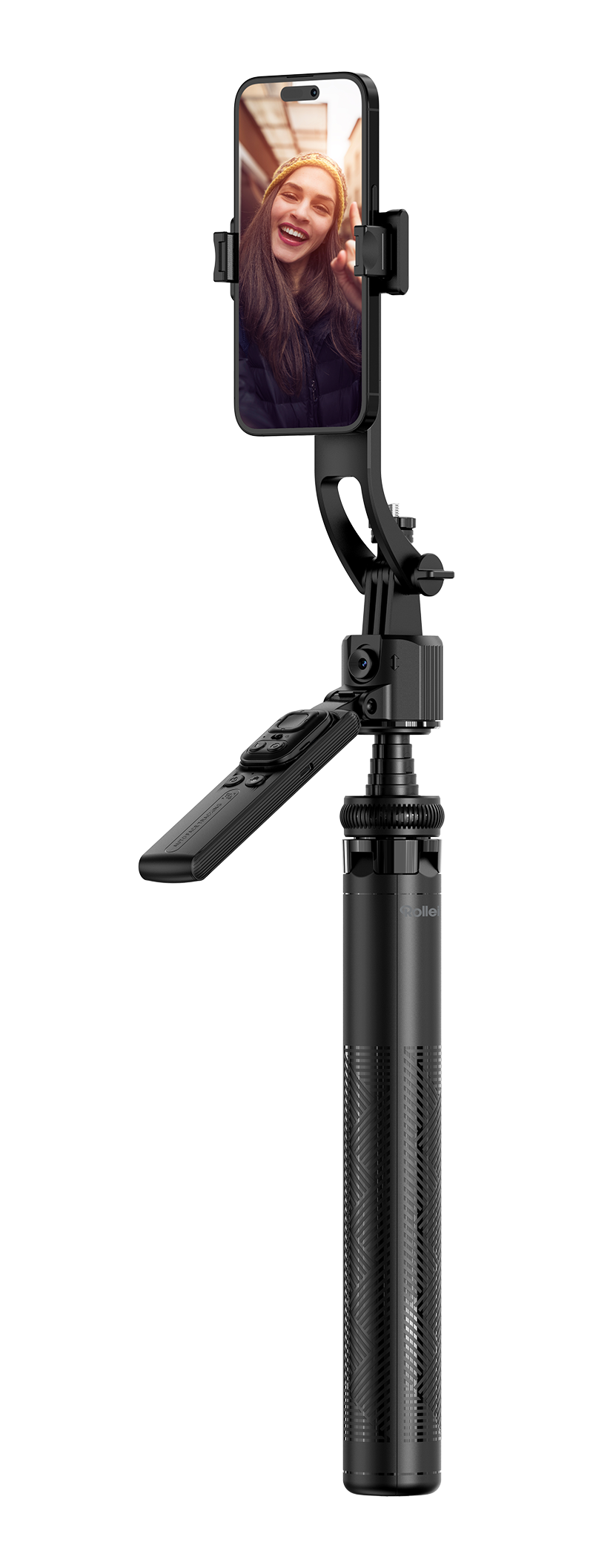 Selfie-Stick mit Telefon, das das Gesicht einer Frau zeigt. Schwarz, mit strukturiertem Griff.