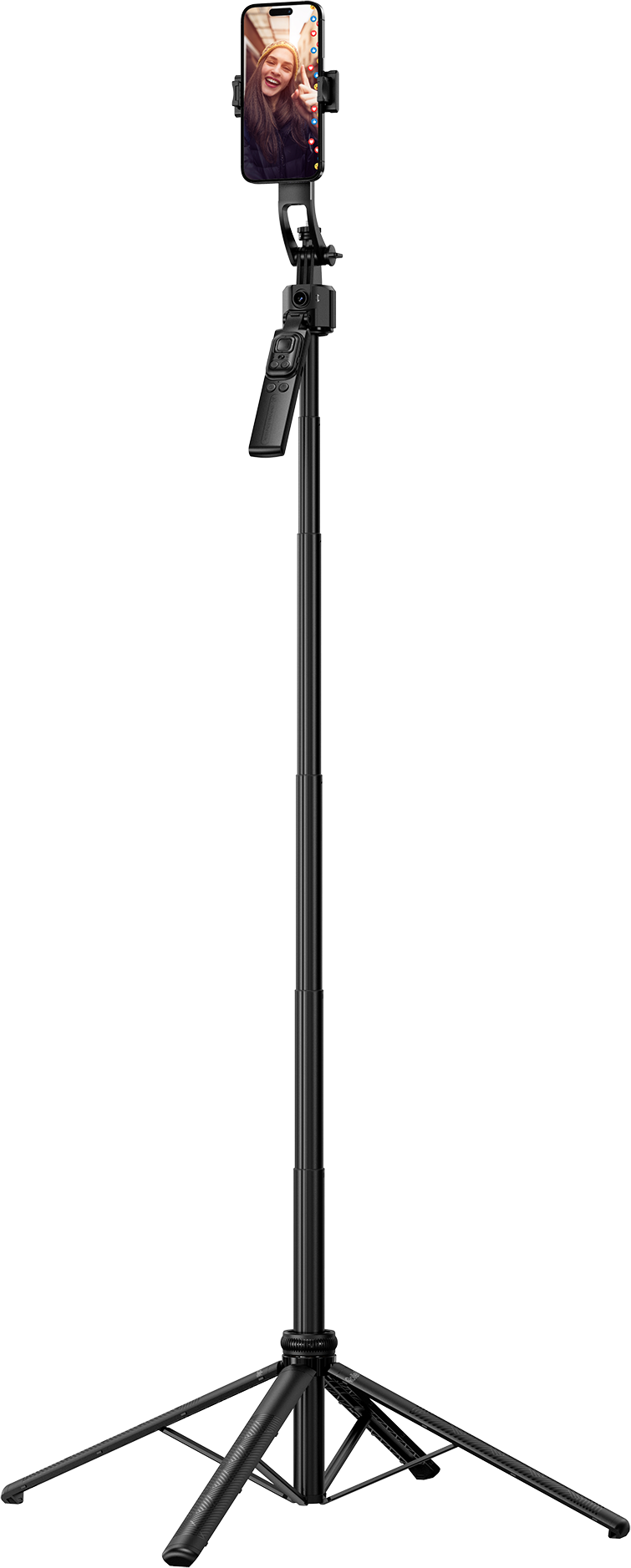 Schwarzes Telefonstativ mit einem Telefon, das einen Videoanruf einer Person hält.
