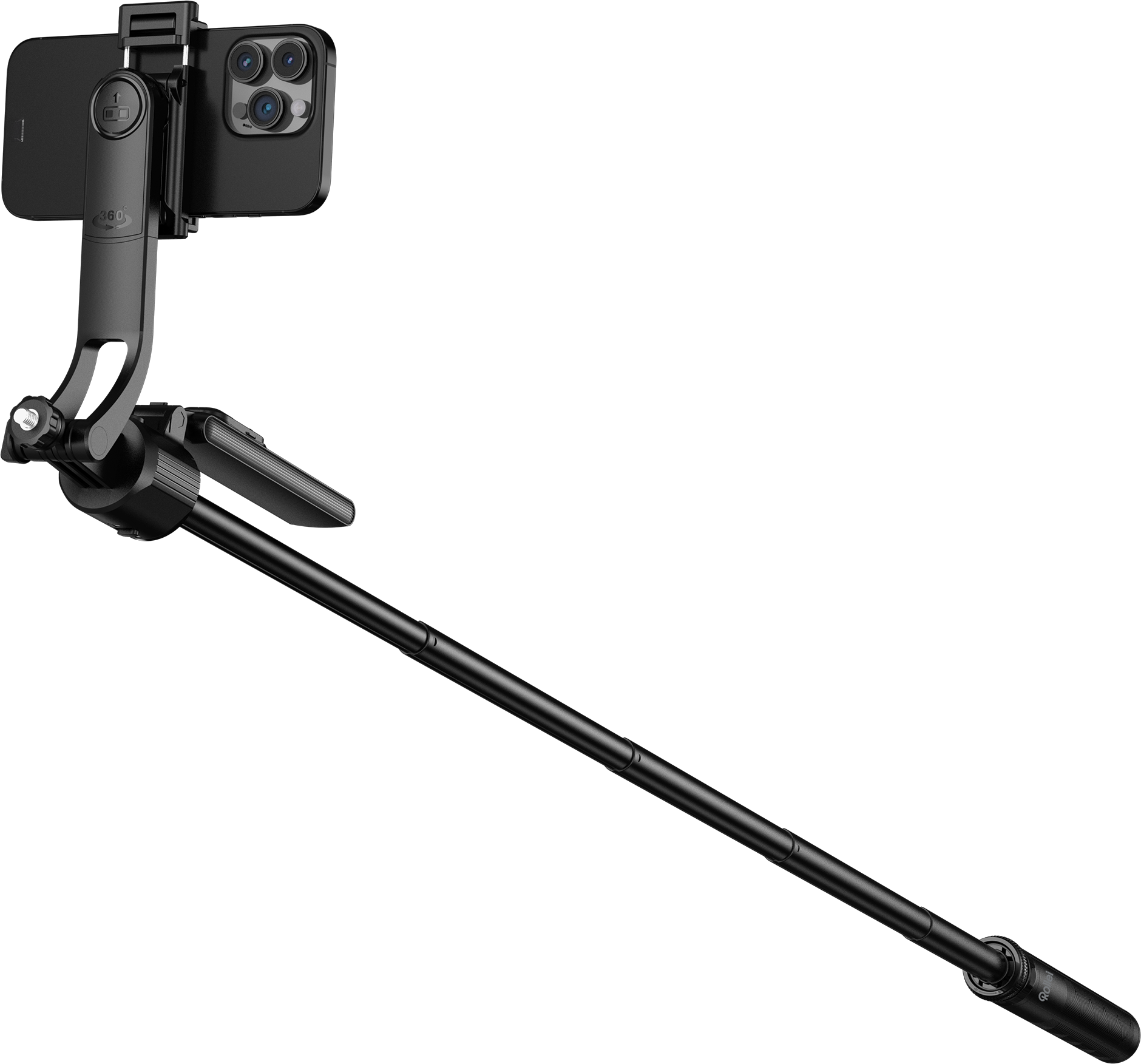 Schwarzer Selfie-Stick mit befestigtem Telefon, ausgefahren und abgewinkelt, auf schwarzem Grund.