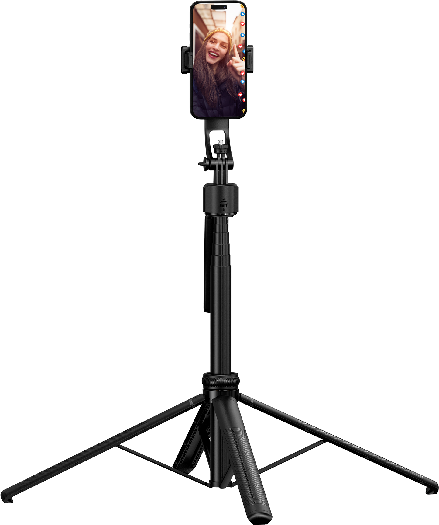 Ein schwarzes Stativ mit einem angebrachten Telefon, das einen Live-Videoanruf zeigt. Es ist vor einem schwarzen Hintergrund.