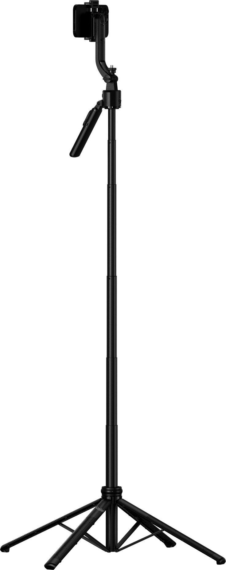 Ein schwarzes Stativ mit einer Telefonhalterung auf schwarzem Hintergrund.