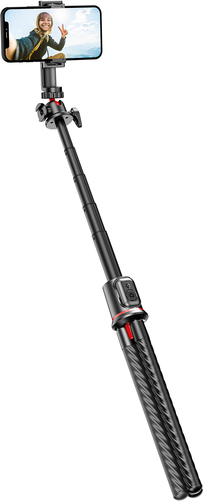 Treppiede per selfie stick nero con telefono collegato. Una donna è visibile sullo schermo del telefono.