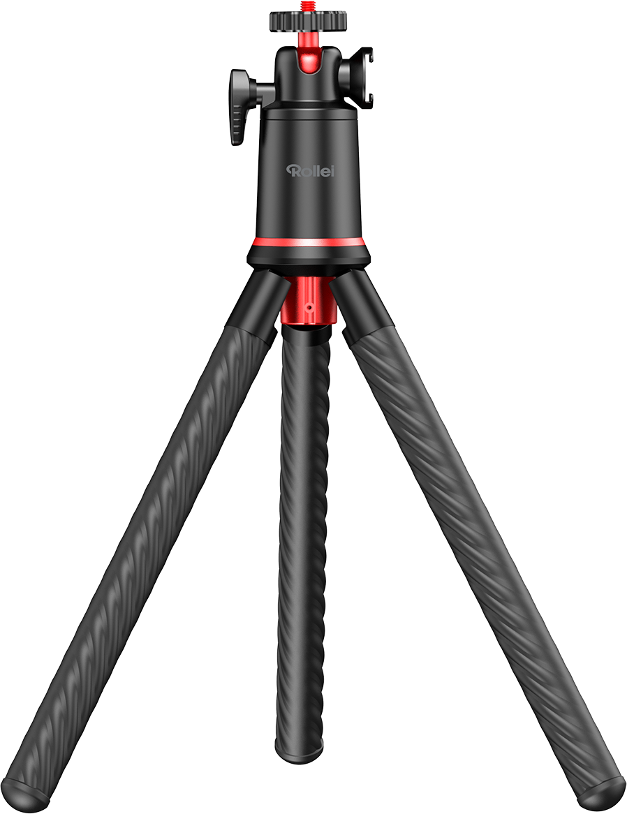Un treppiede Rollei nero e rosso con tre gambe, su sfondo nero.