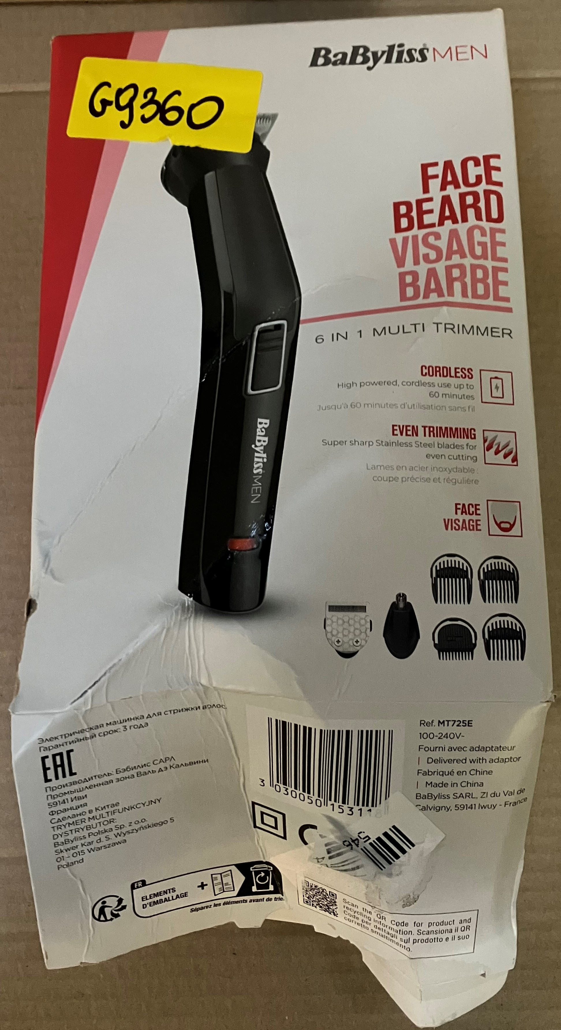 Pudełko trymera do twarzy i brody BaByliss Men ze żółtą naklejką.