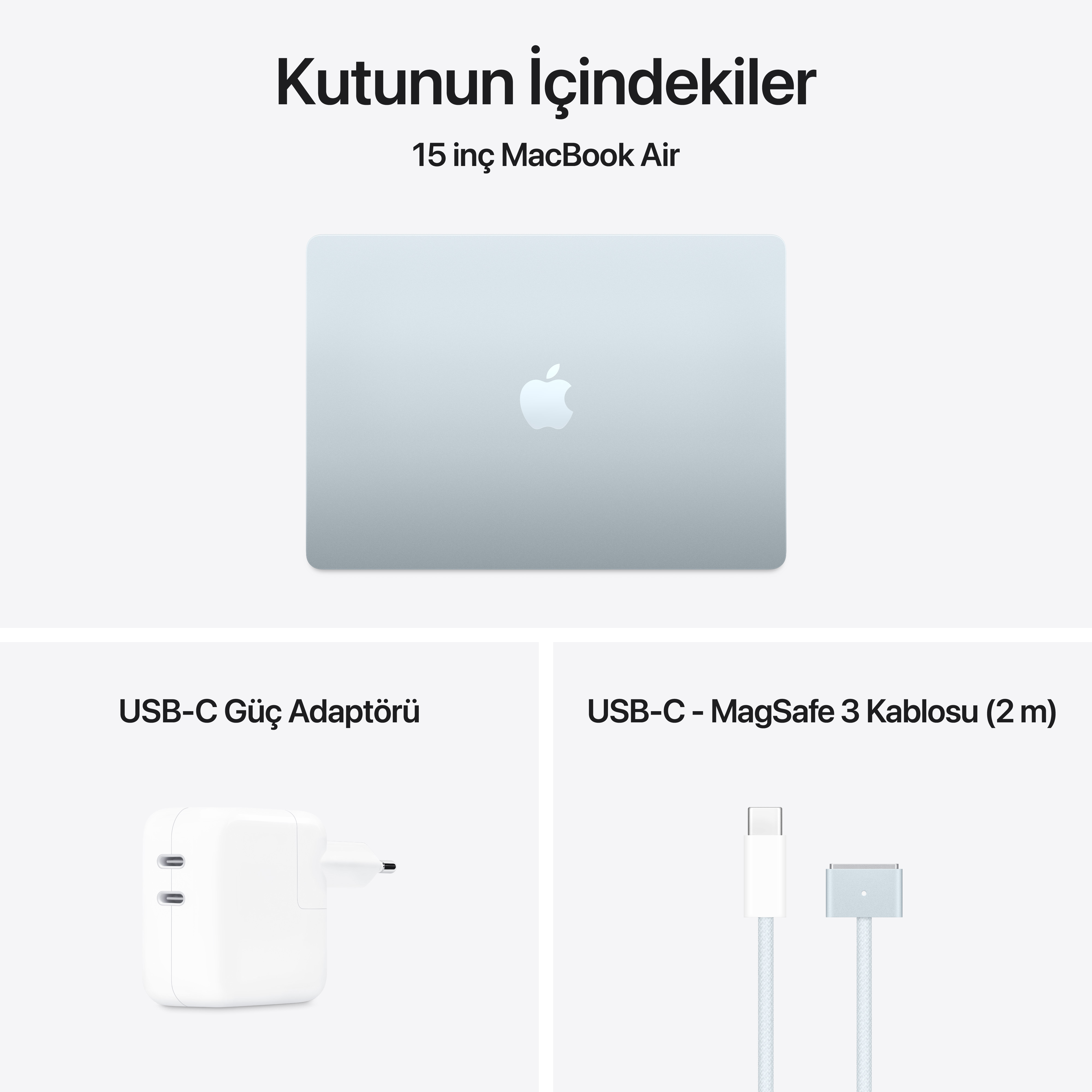 MacBook Air, bir şarj cihazı ve beyaz bir USB-C - MagSafe 3 kablosu.