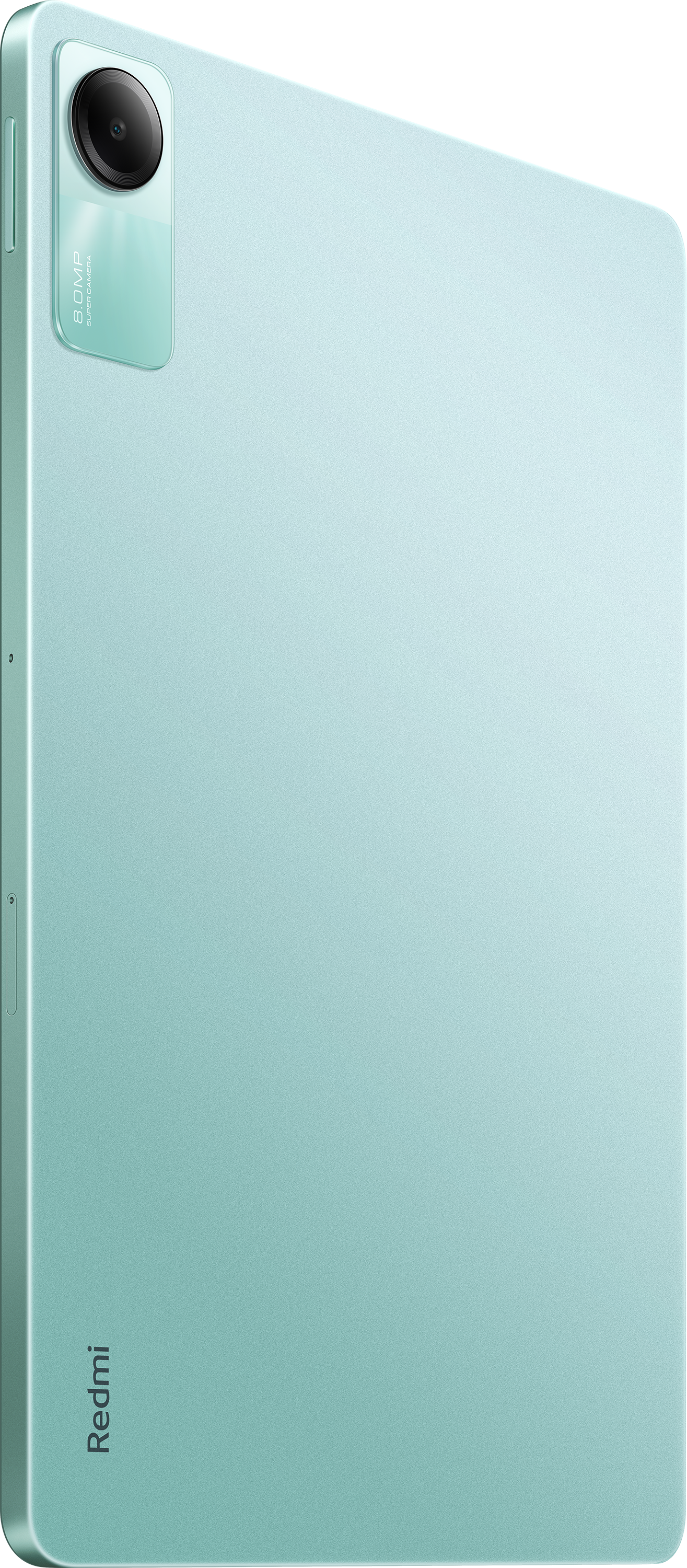 Egy mentazöld tablet egy kamerával és a Redmi logóval az oldalán.
