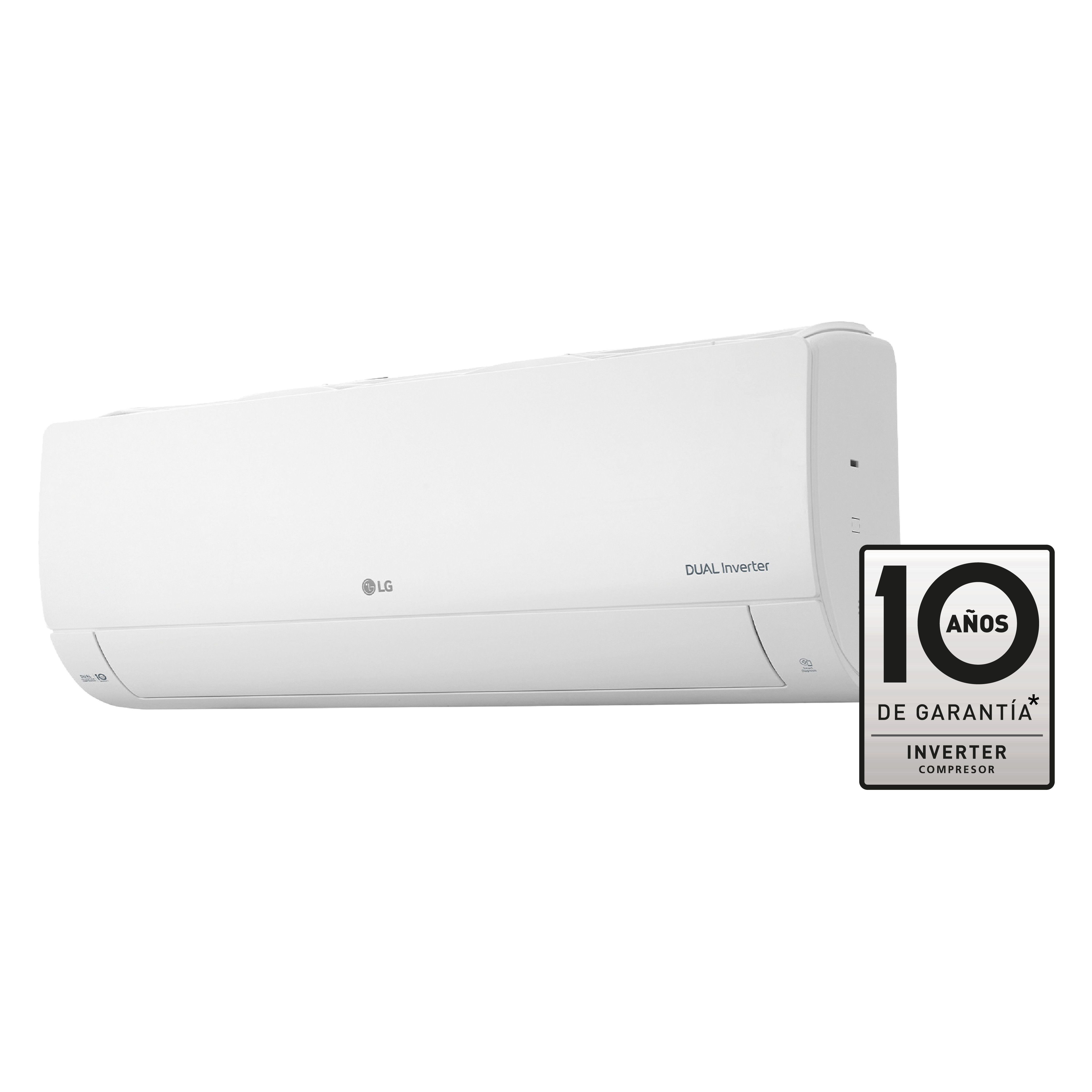 Aire acondicionado LG blanco sobre fondo negro con etiqueta de '10 años de garantía'.
