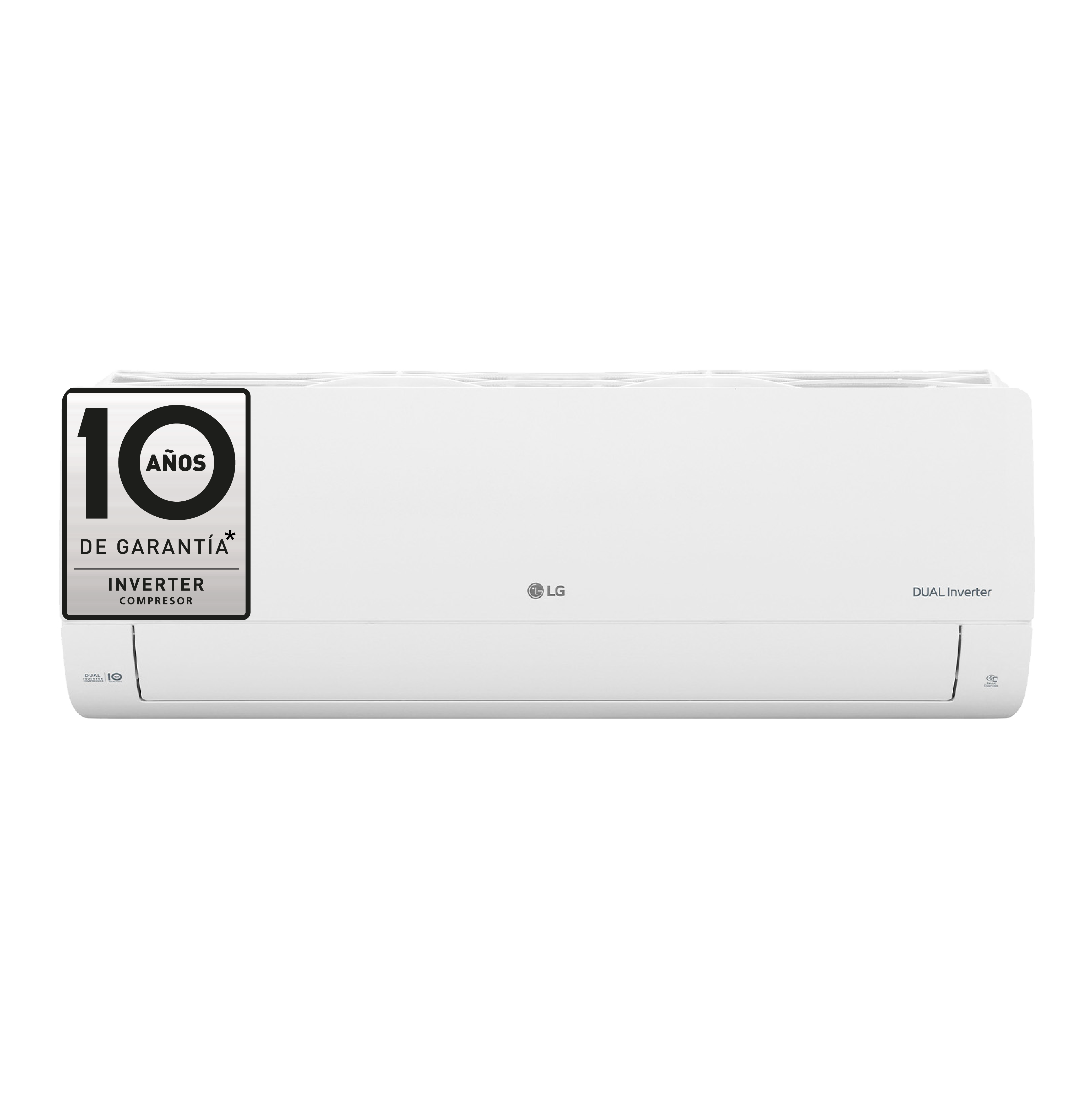 Aire acondicionado LG blanco con una etiqueta plateada que dice '10 años de garantía'.