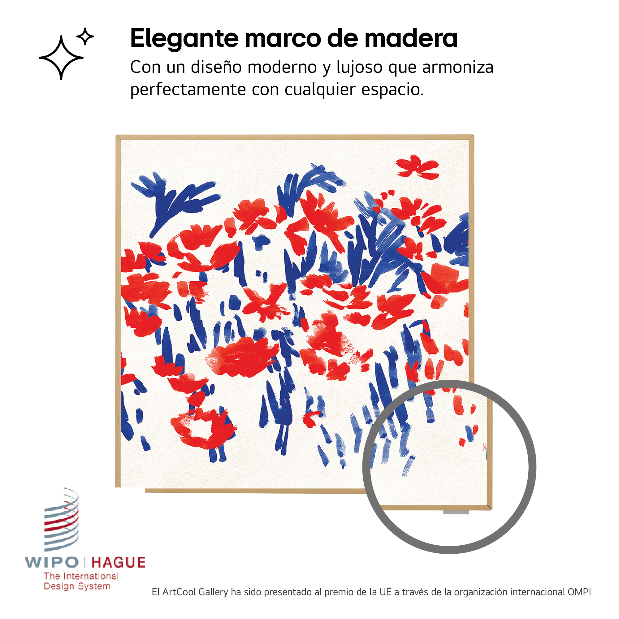 Impresión artística floral abstracta y colorida en un marco de madera, con una lupa en la esquina.