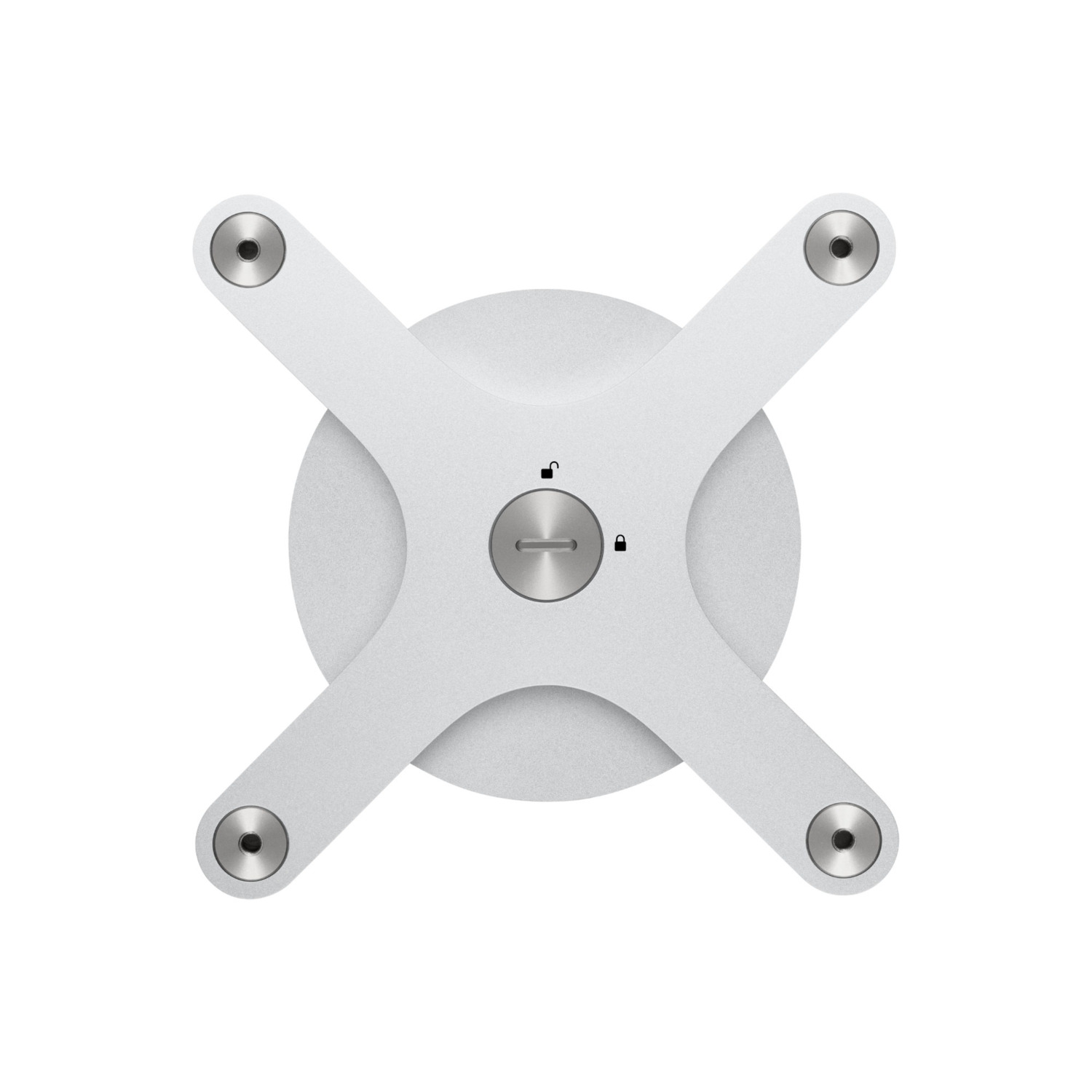 A white computer stand, top view, showing a circular base with four arms and screws.