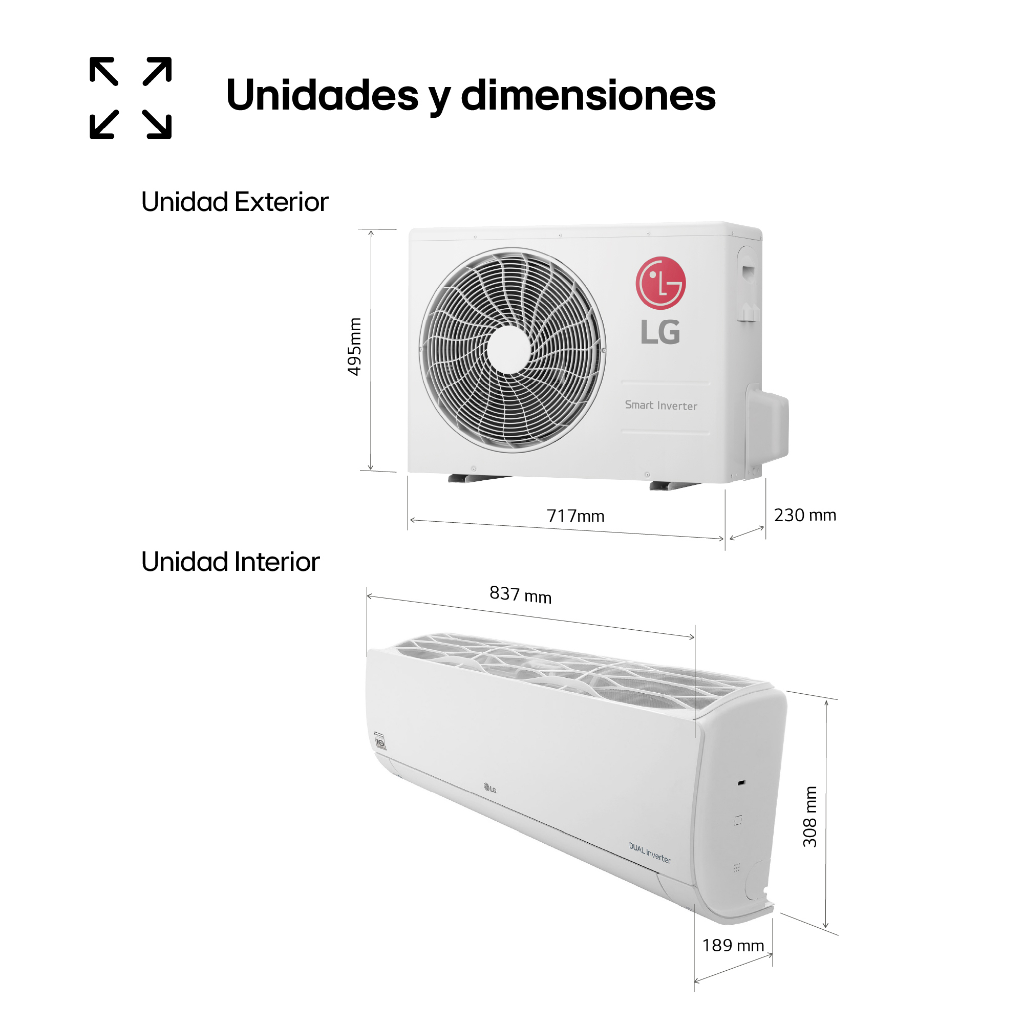 Diagrama de una unidad de aire acondicionado con dimensiones en español.