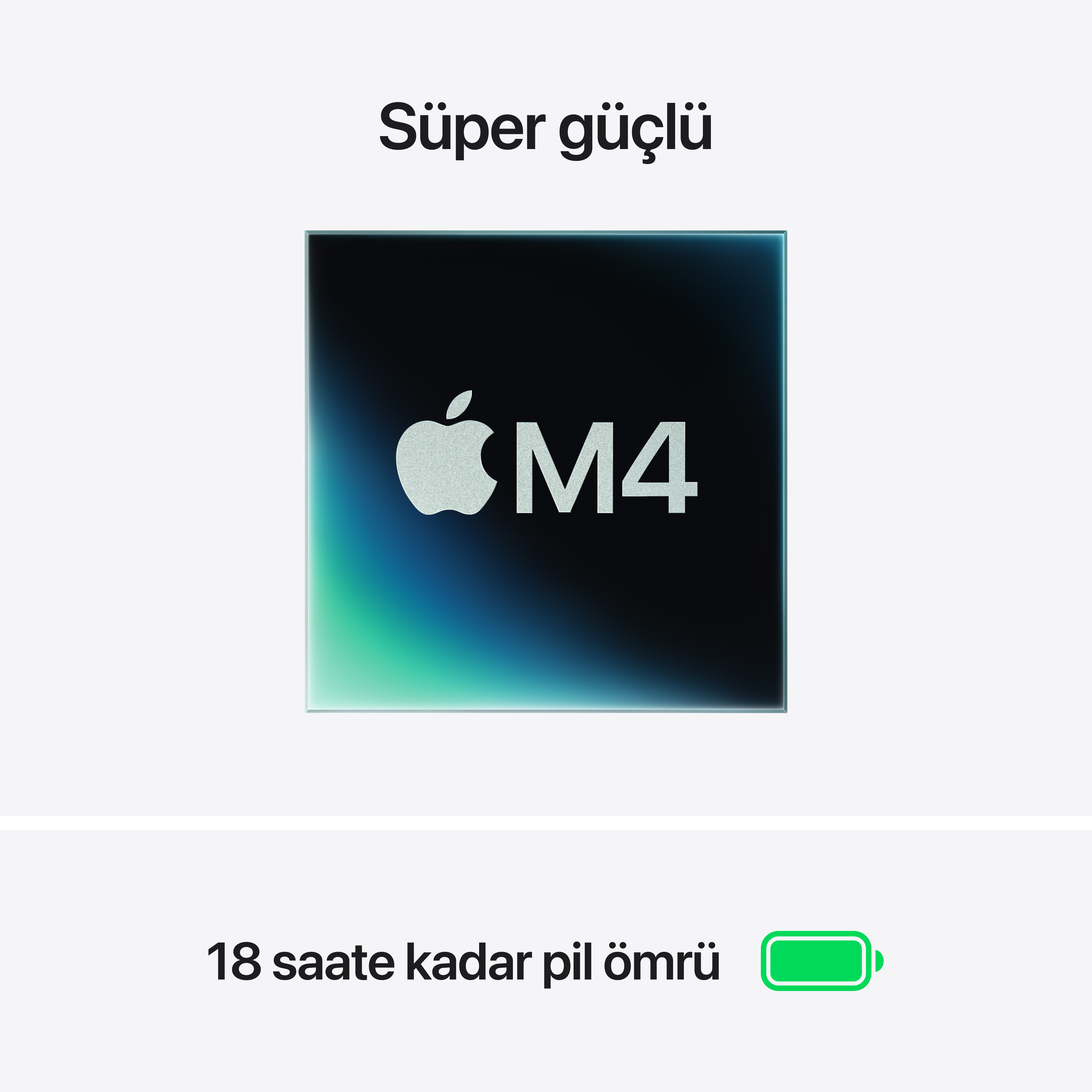 Metinli Apple M4 çip logosu. Pil ömrü metni ve yeşil pil simgesi.