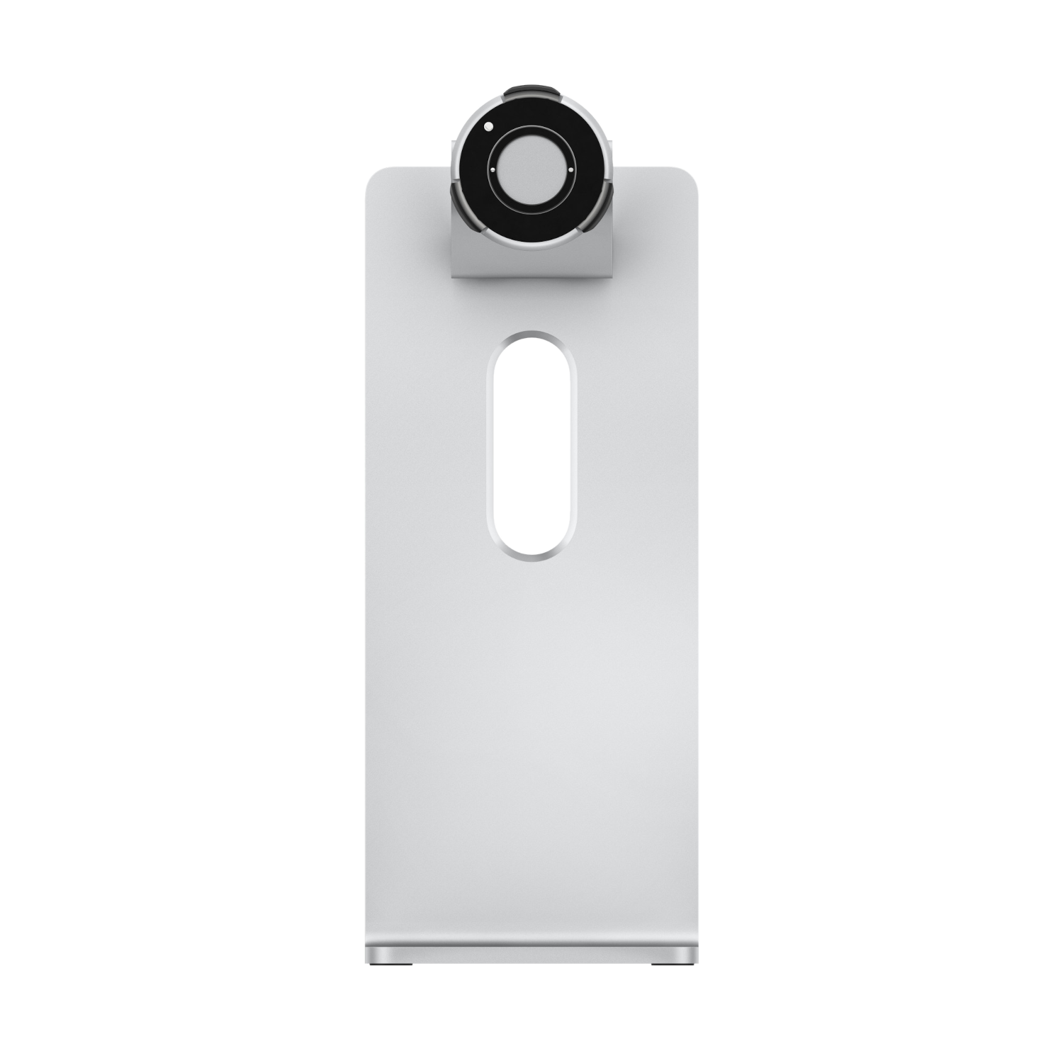 Un support argenté pour Apple Studio Display. Une caméra noire est montée en haut du support.