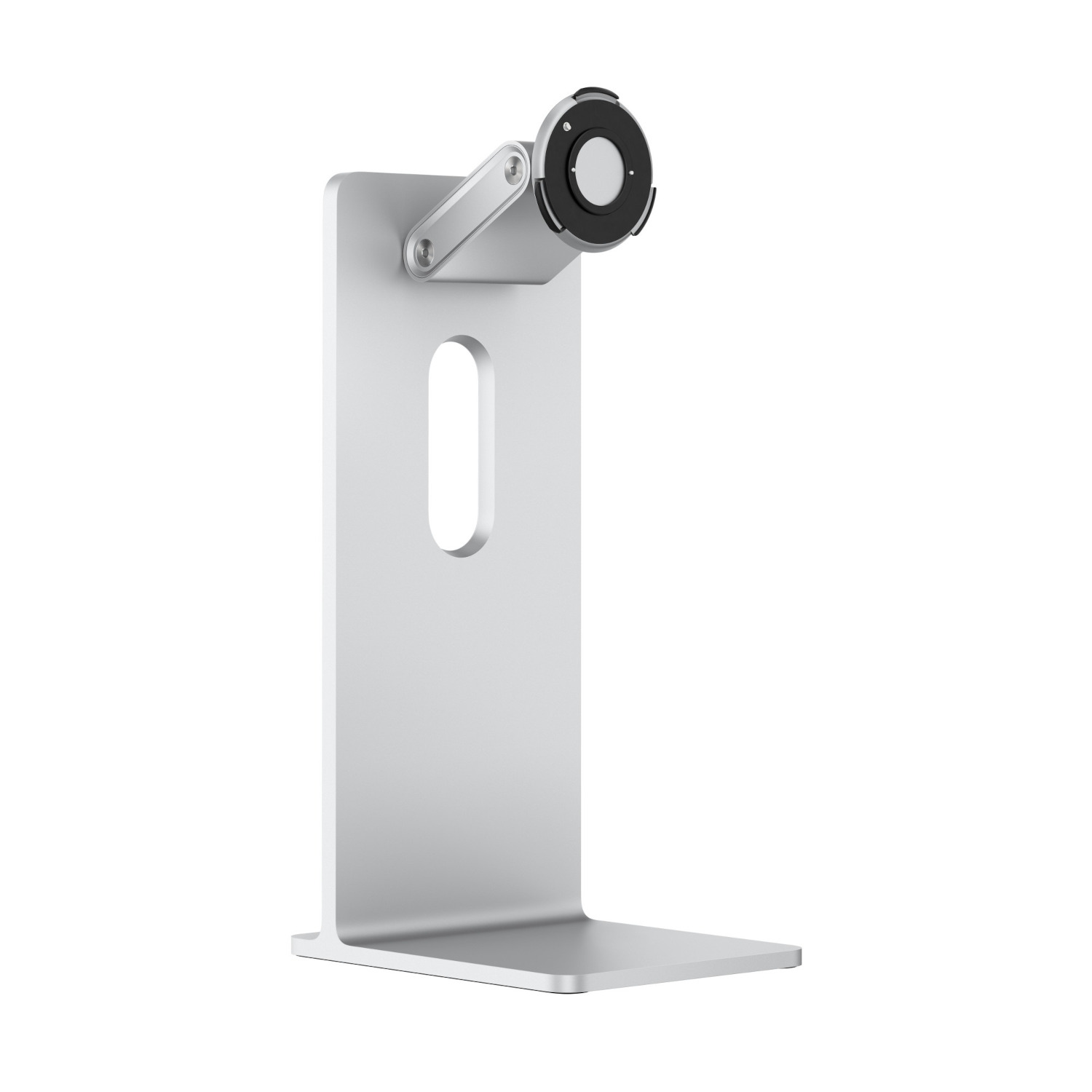 Un support de moniteur argenté avec une caméra attachée sur fond blanc.
