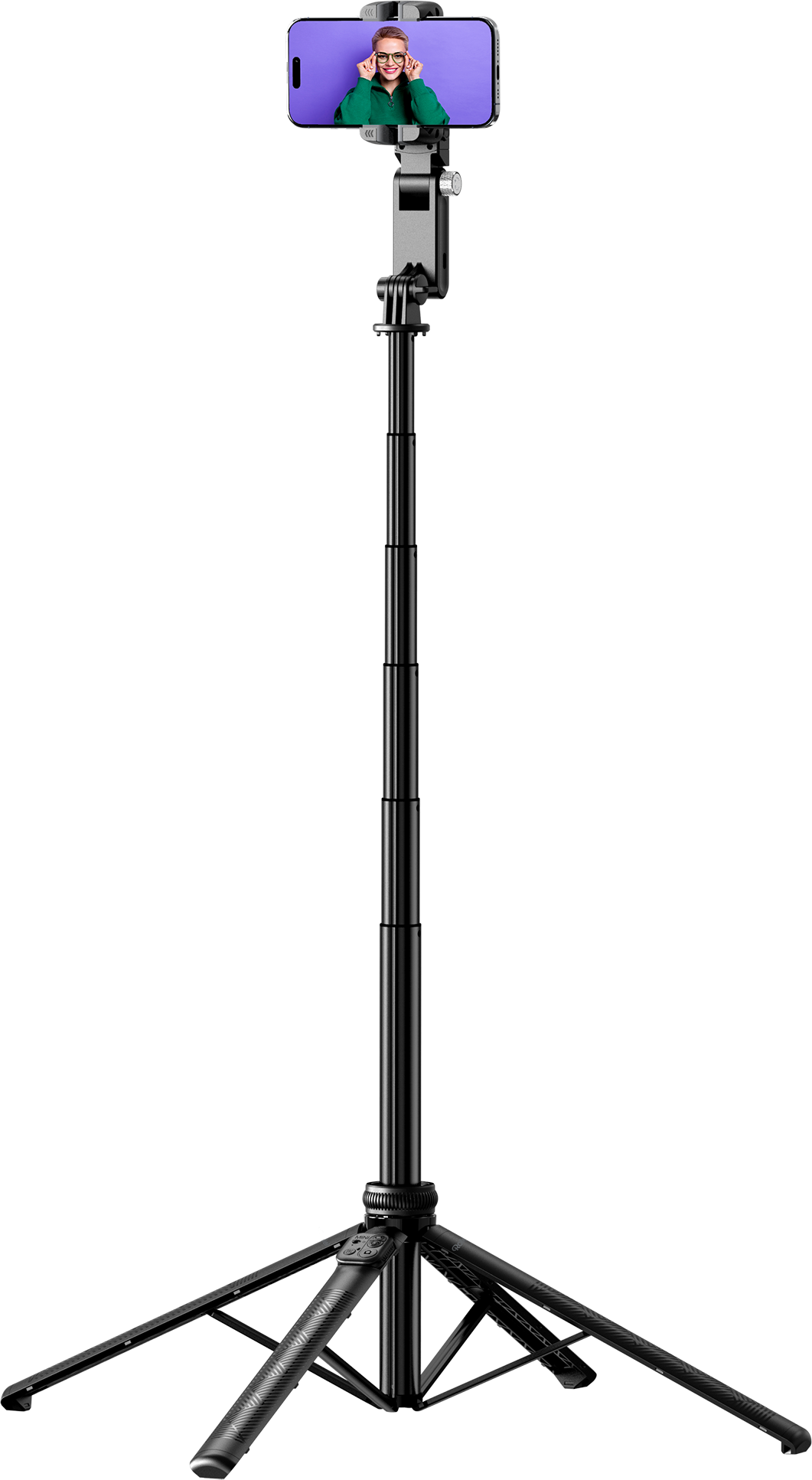 Perche à selfie noire avec un téléphone tenant un selfie. Fond noir.