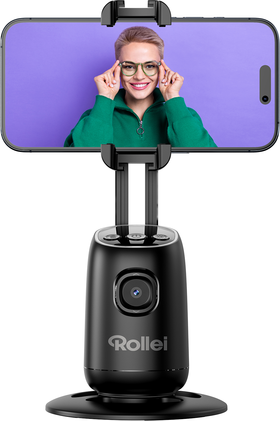 Appareil noir avec un téléphone montrant une femme avec des lunettes.