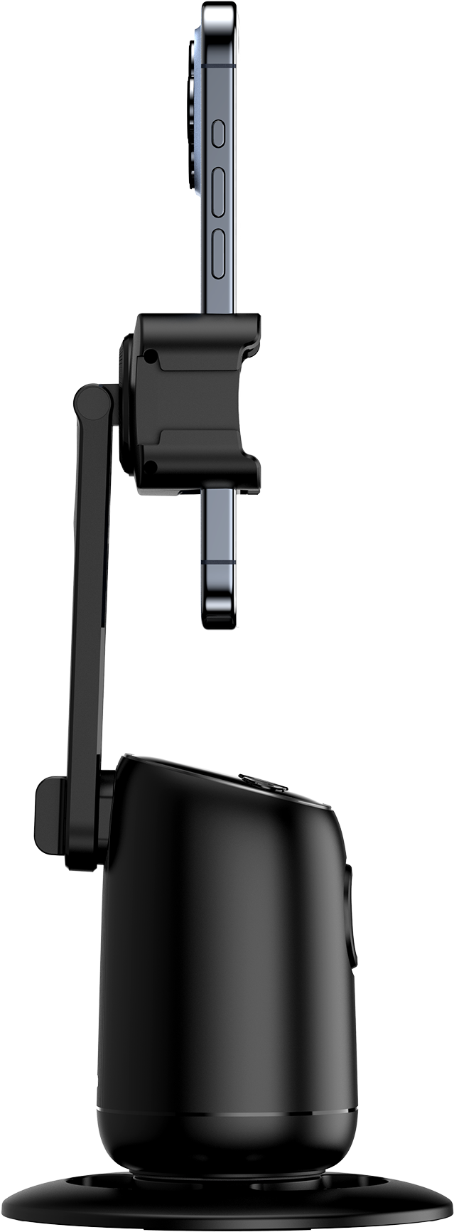 Support de téléphone noir avec un téléphone attaché. Le téléphone est argenté.