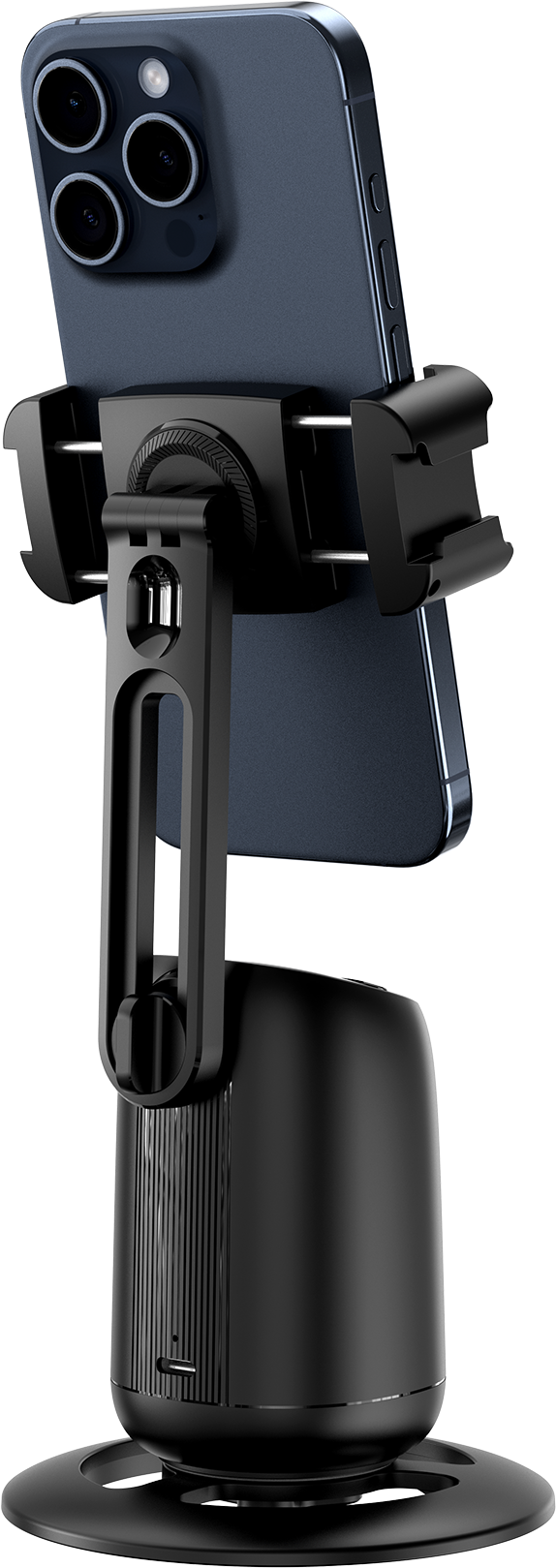 Un support de téléphone noir avec un téléphone attaché.