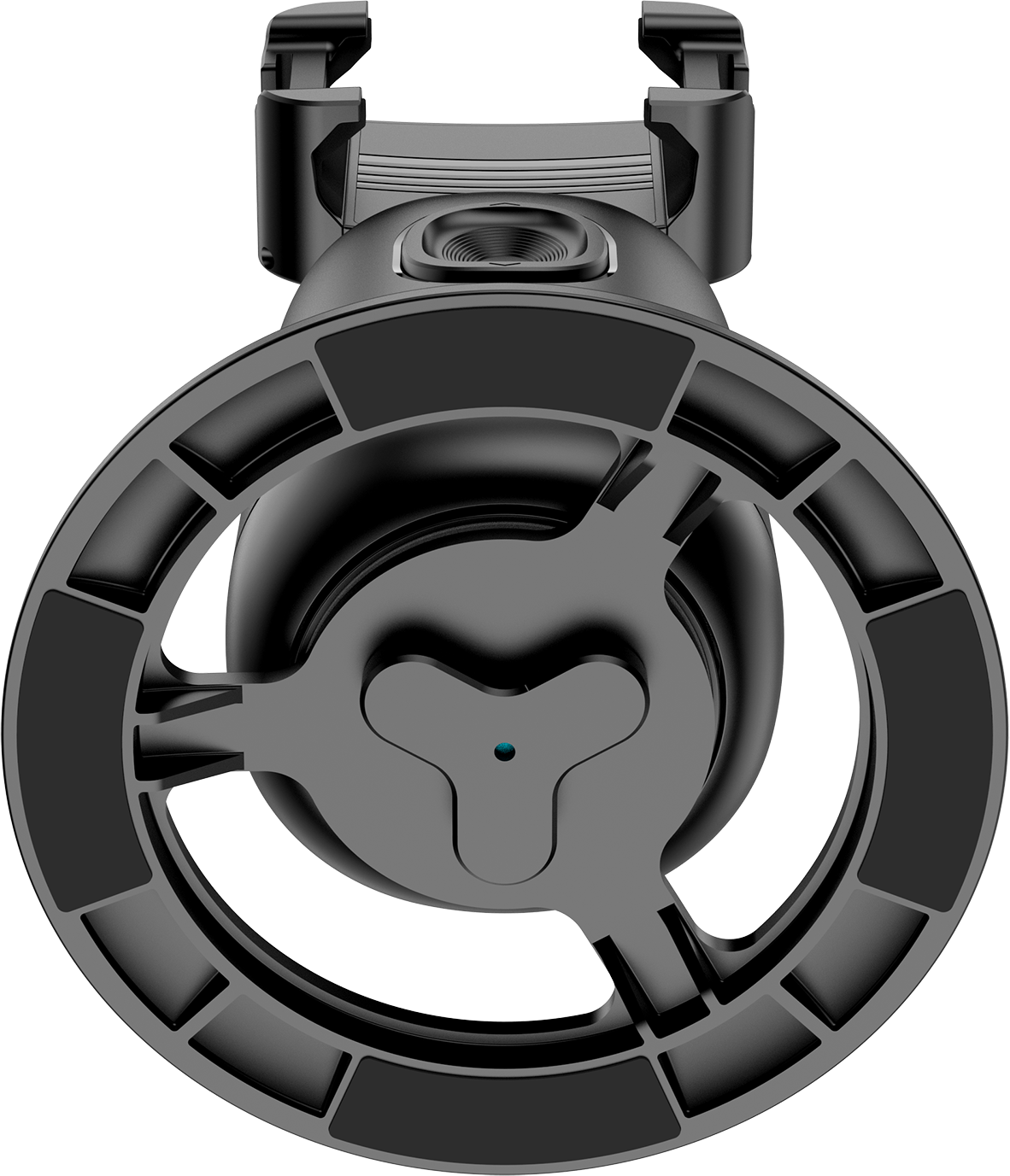 Support noir pour un appareil, vue de dessus. Design circulaire avec coussinets en caoutchouc noirs.