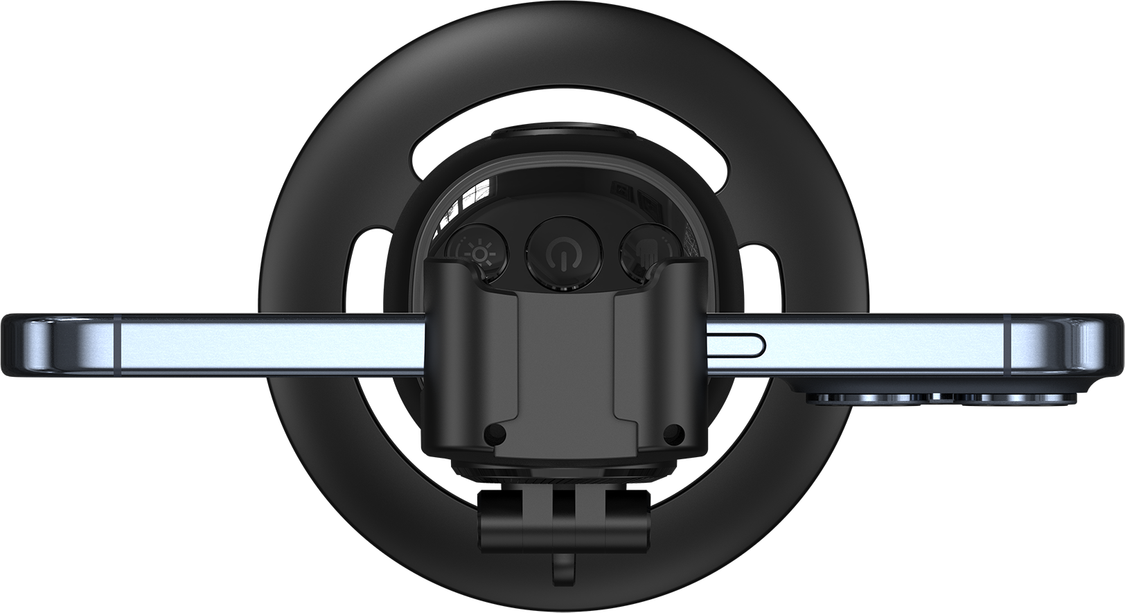 Un appareil tenant un téléphone, entouré d'une lumière annulaire, fond noir.