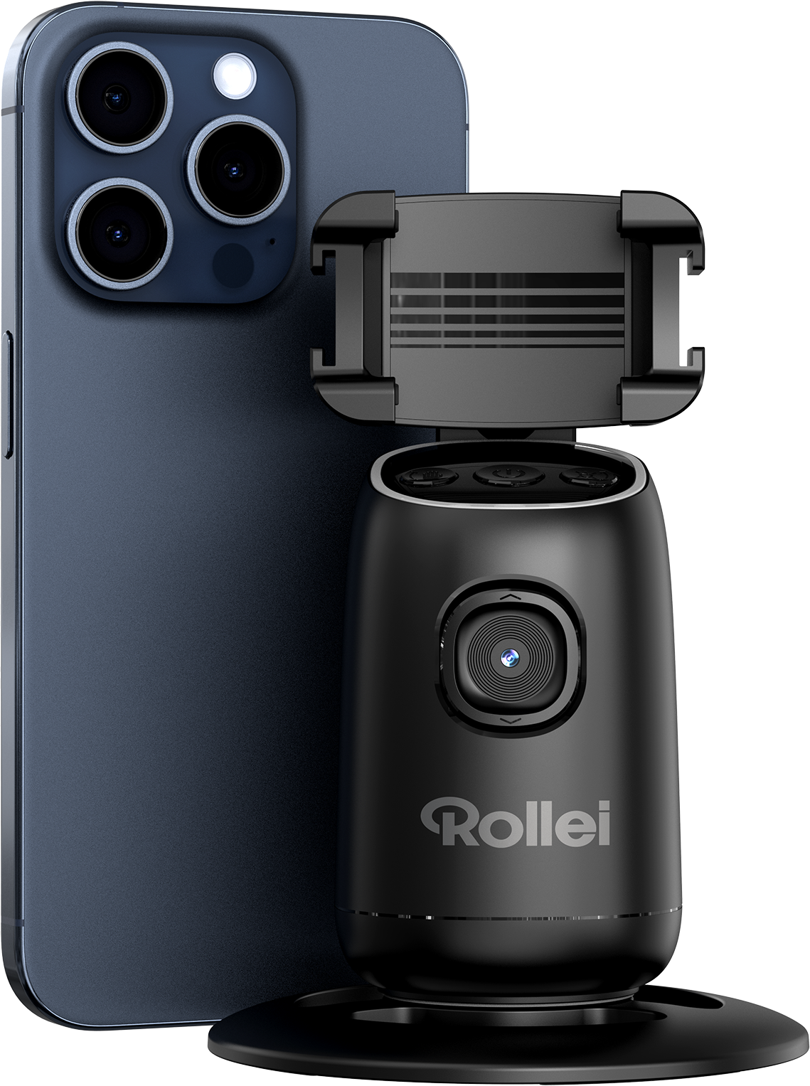 Téléphone noir à côté d'un gimbal Rollei noir avec support de téléphone. Fond blanc.