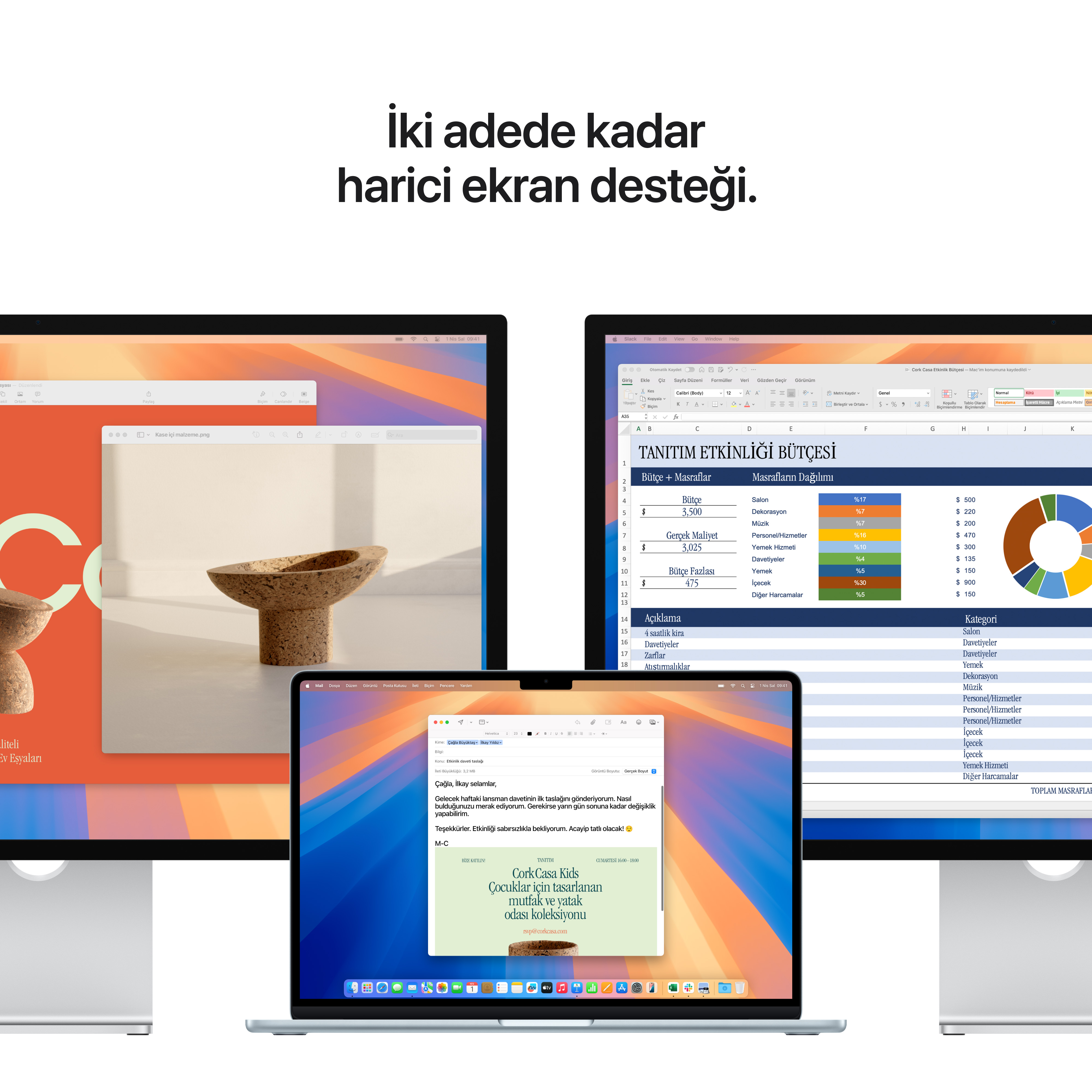 Üç monitör farklı pencereler gösteriyor. Biri belge, biri elektronik tablo, biri web sitesi gösteriyor.