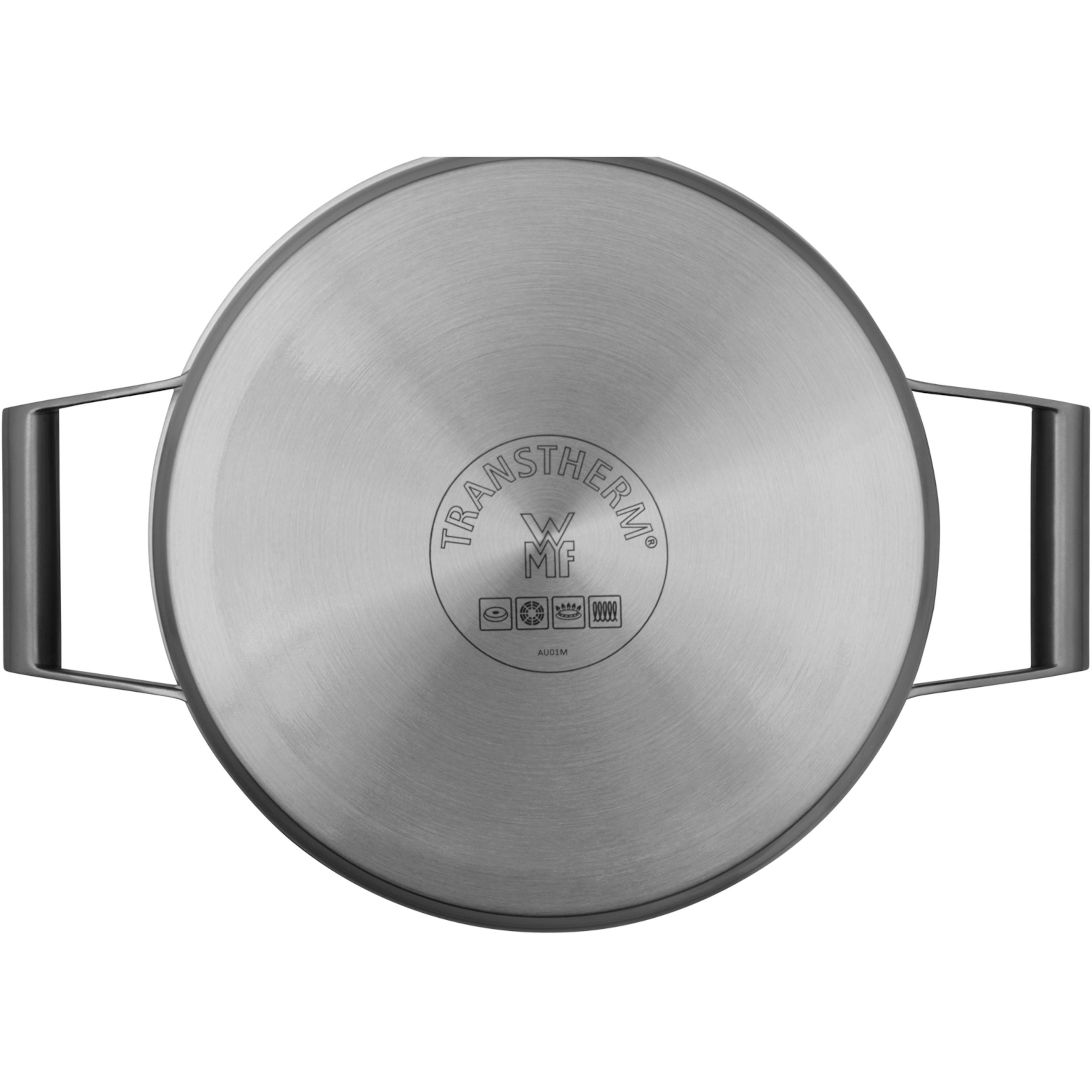 Unteransicht eines Kochtopfs aus Edelstahl mit zwei Griffen und einem Markenlogo.