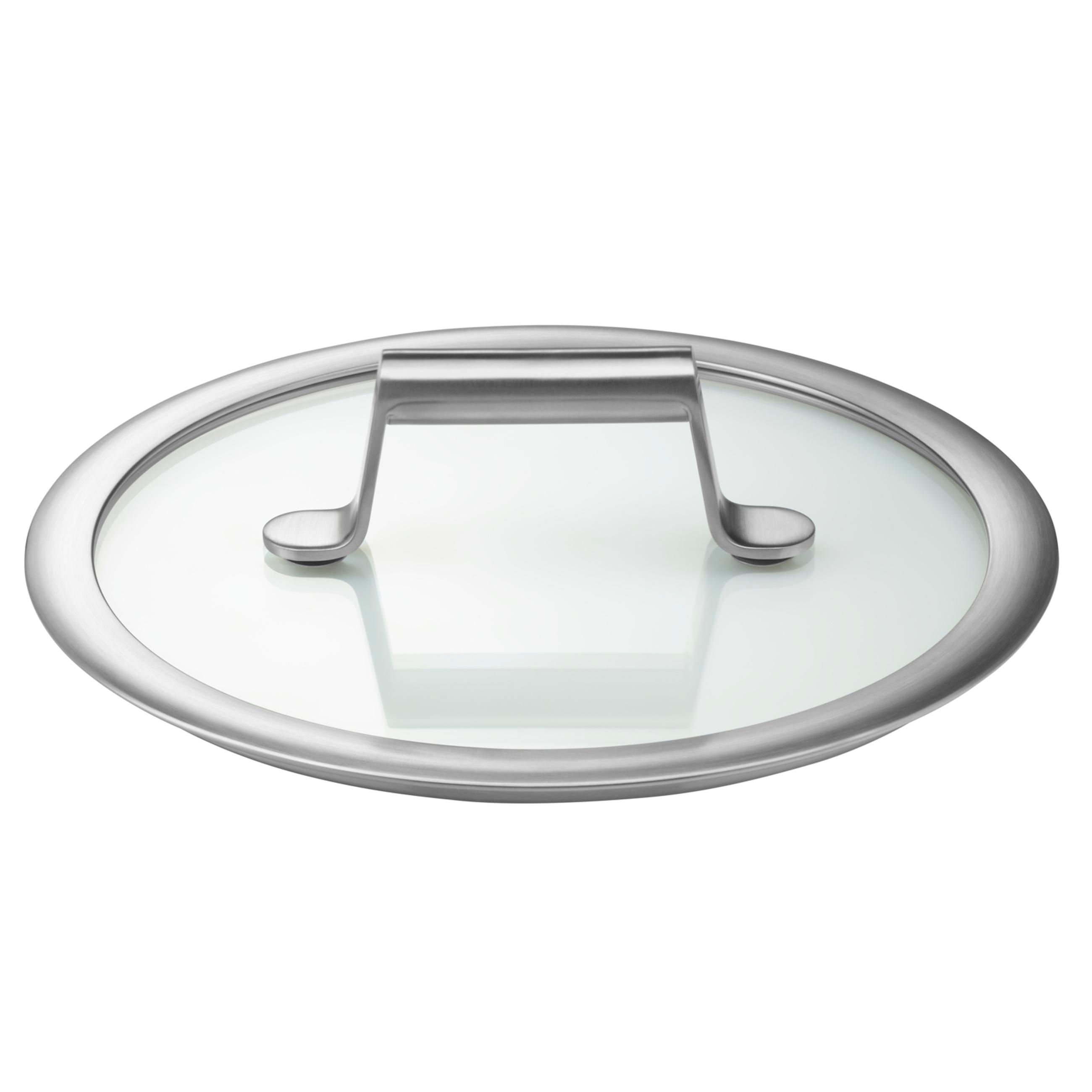 Ein transparenter Glasdeckel mit silbernem Rand und silbernem Griff. Der Deckel ist kreisförmig und reflektiert das Licht.