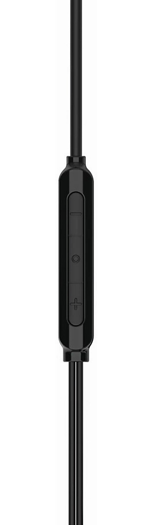 Czarny pilot inline na czarnym kablu słuchawkowym, z przyciskami głośności i odtwarzania/pauzy.