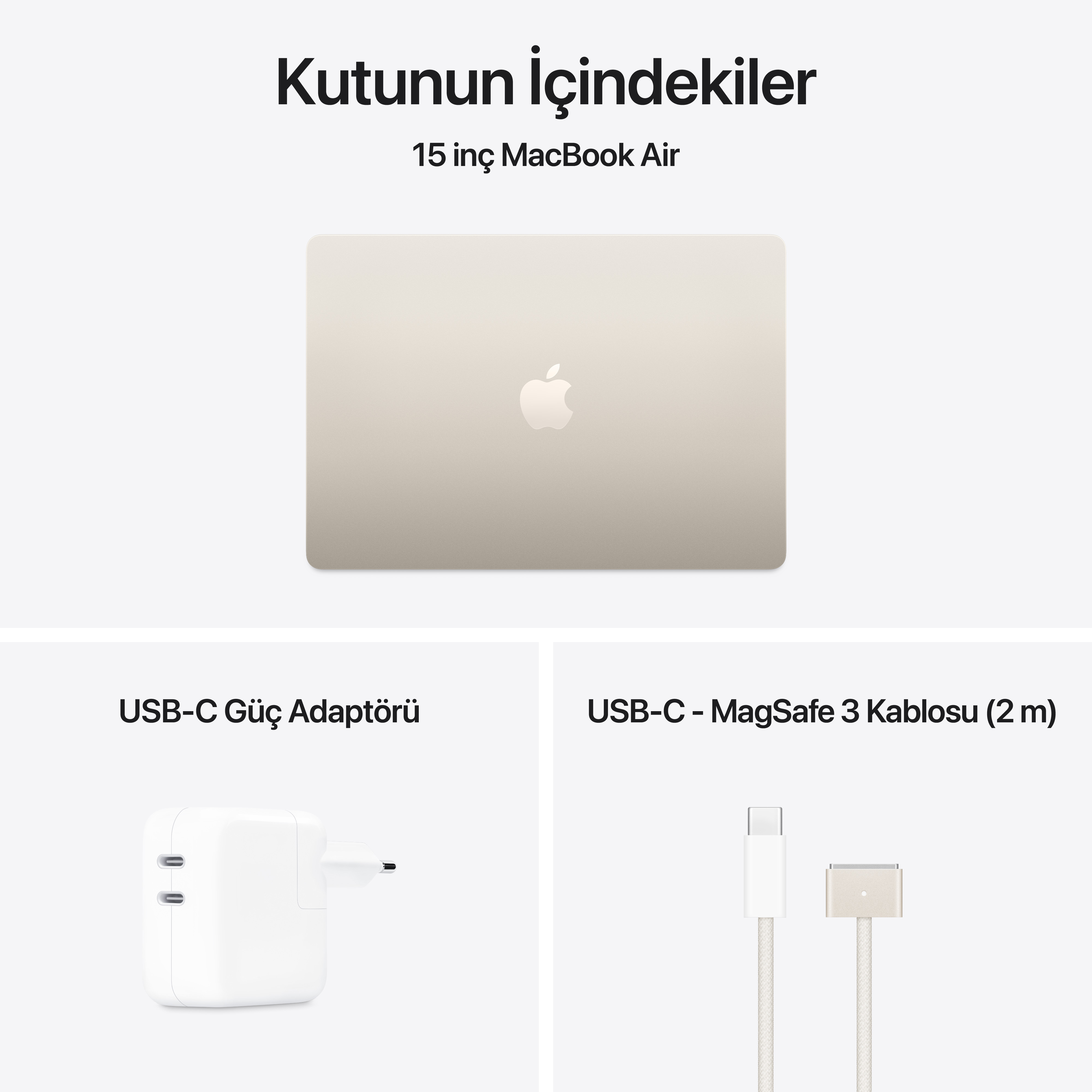 Bir dizüstü bilgisayar, güç adaptörü ve kablo, 'Kutunun İçindekiler' metniyle gösteriliyor.