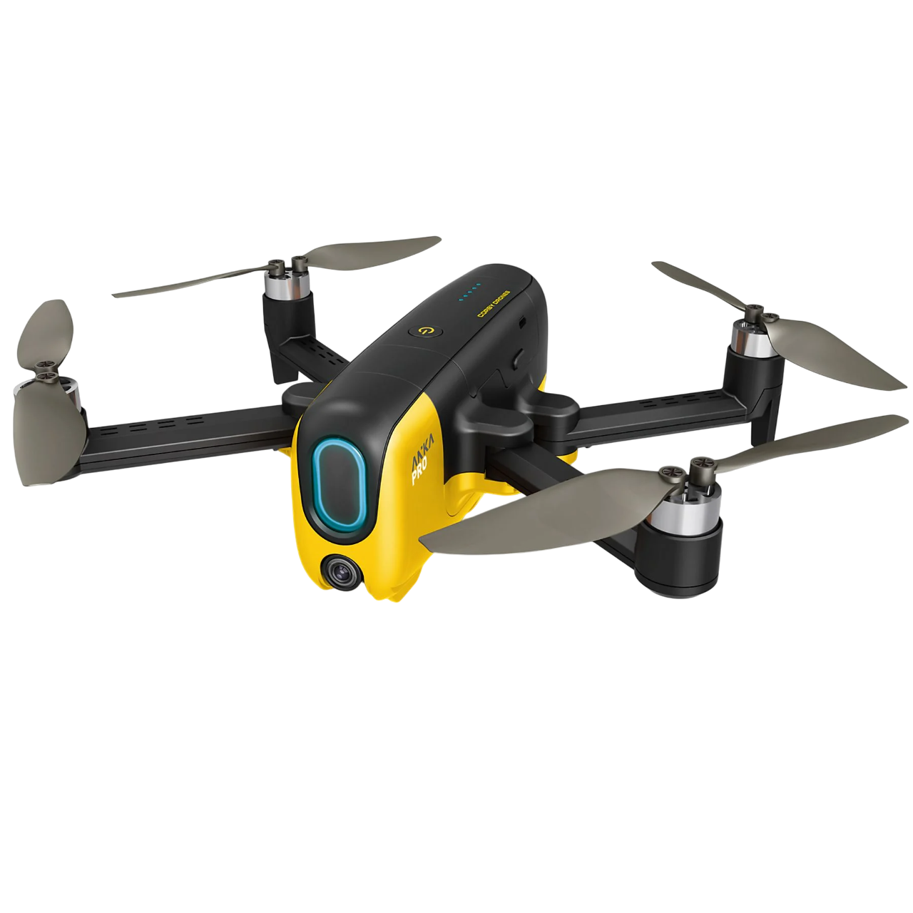 Siyah arka plan üzerinde pervaneli sarı ve siyah drone.