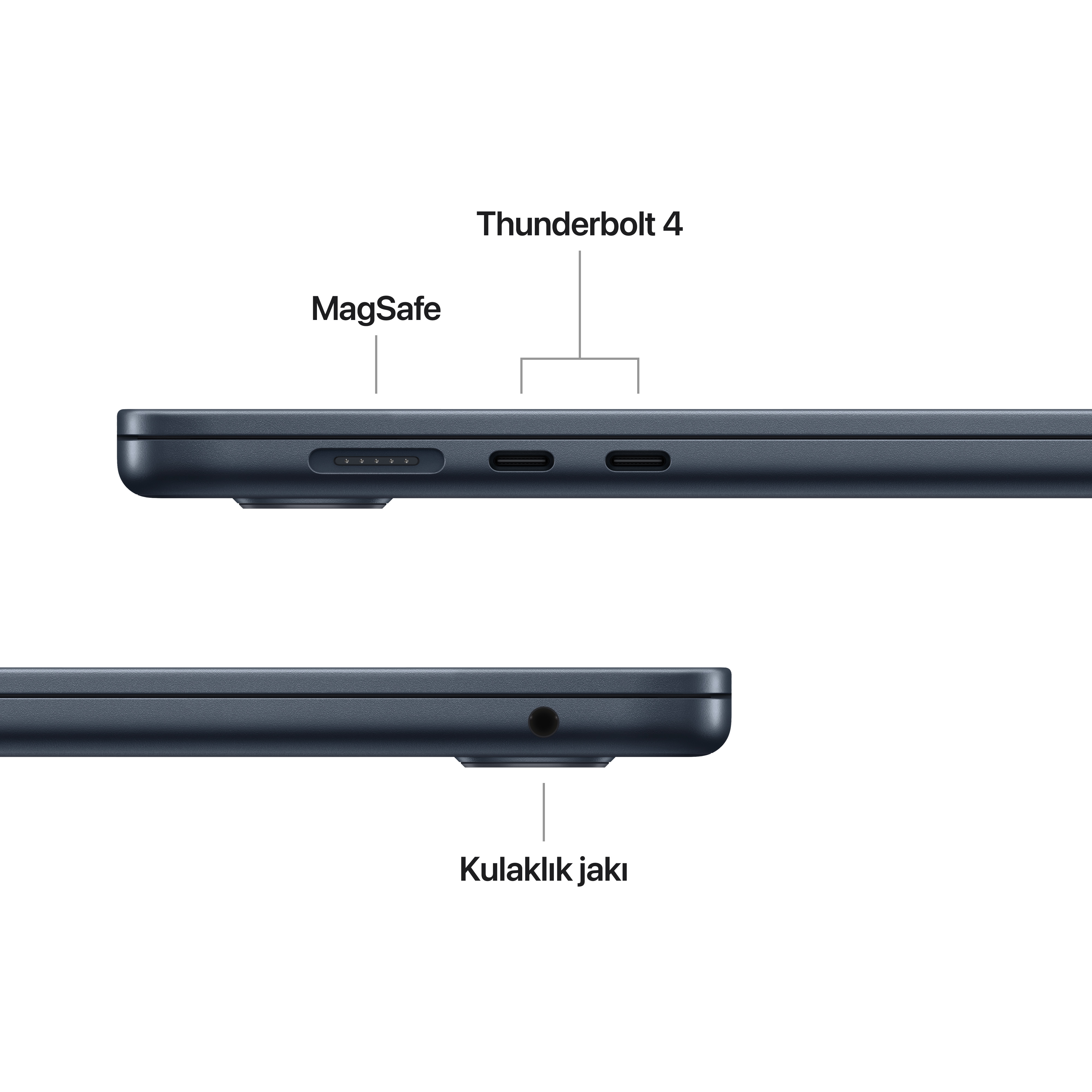 Koyu mavi bir dizüstü bilgisayarın, MagSafe ve Thunderbolt 4 bağlantı noktaları olan yan görünümü.