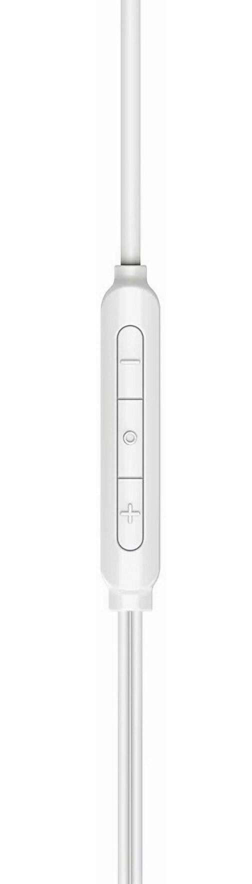 Zbliżenie białego kabla z pilotem liniowym, z przyciskami głośności i sterowania.