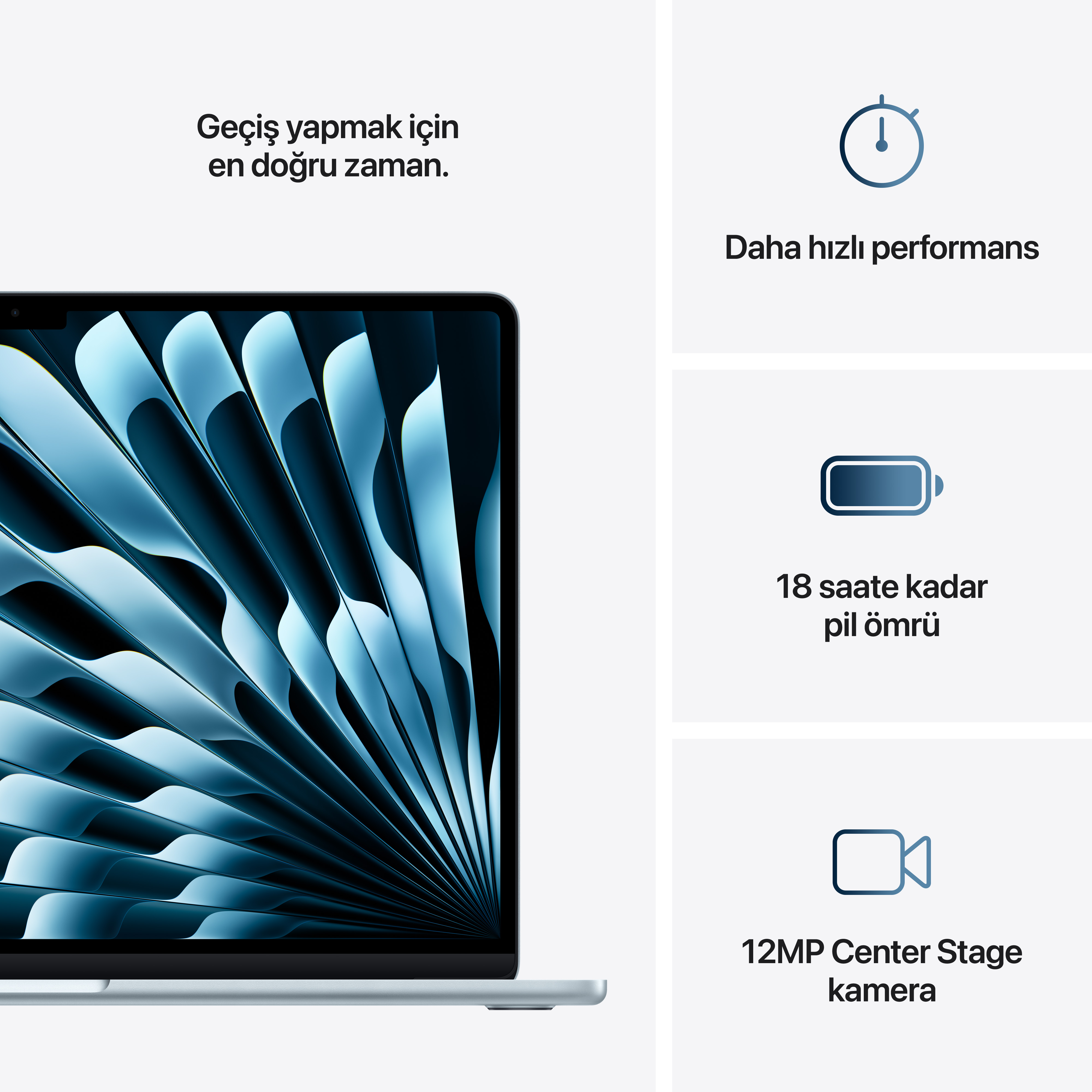 '12MP Center Stage camera' yazan ve ikonlar içeren mavi ekranlı dizüstü bilgisayar.