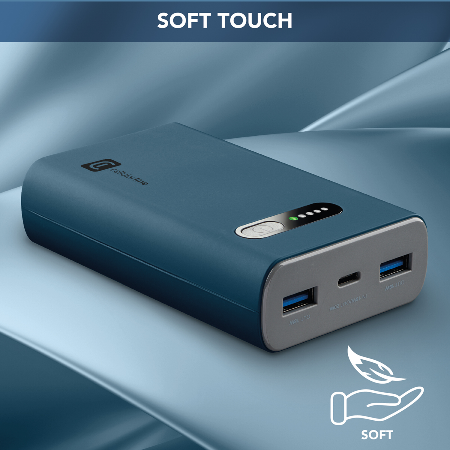 Batería externa azul con dos puertos USB y un indicador de carga. Se muestra el logotipo de la mano.