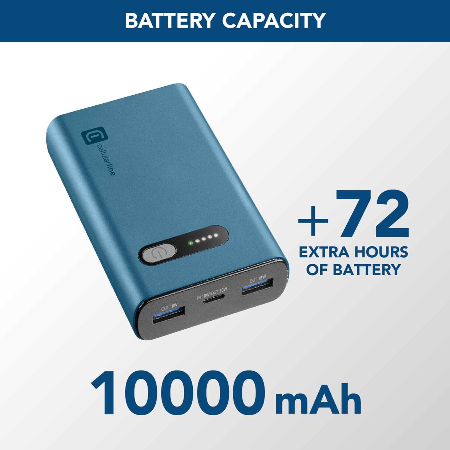 Cargador portátil azul con texto: 10000 mAh, más 72 horas extra.
