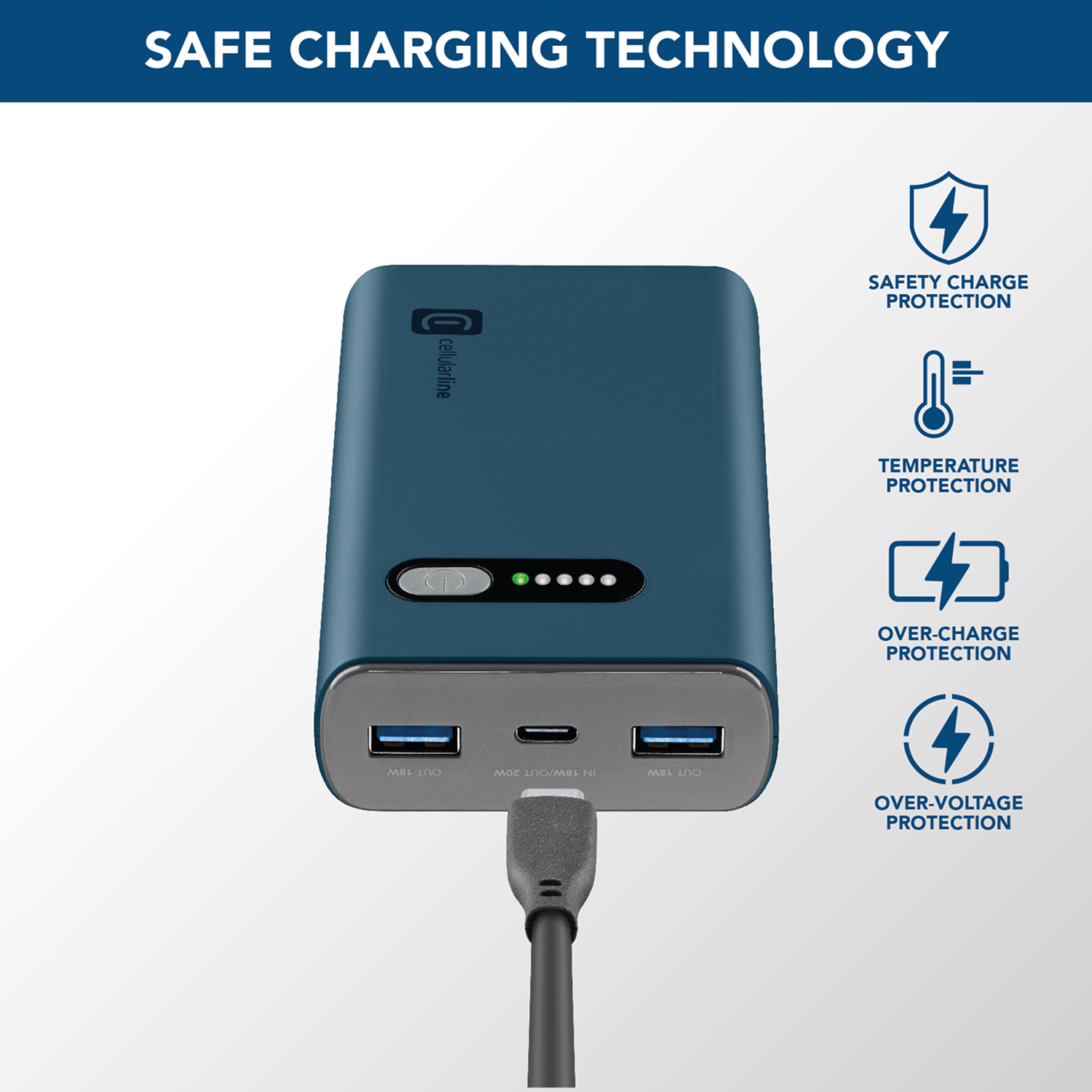 Batería externa azul con puertos USB y un cable de carga conectado, con iconos y texto.