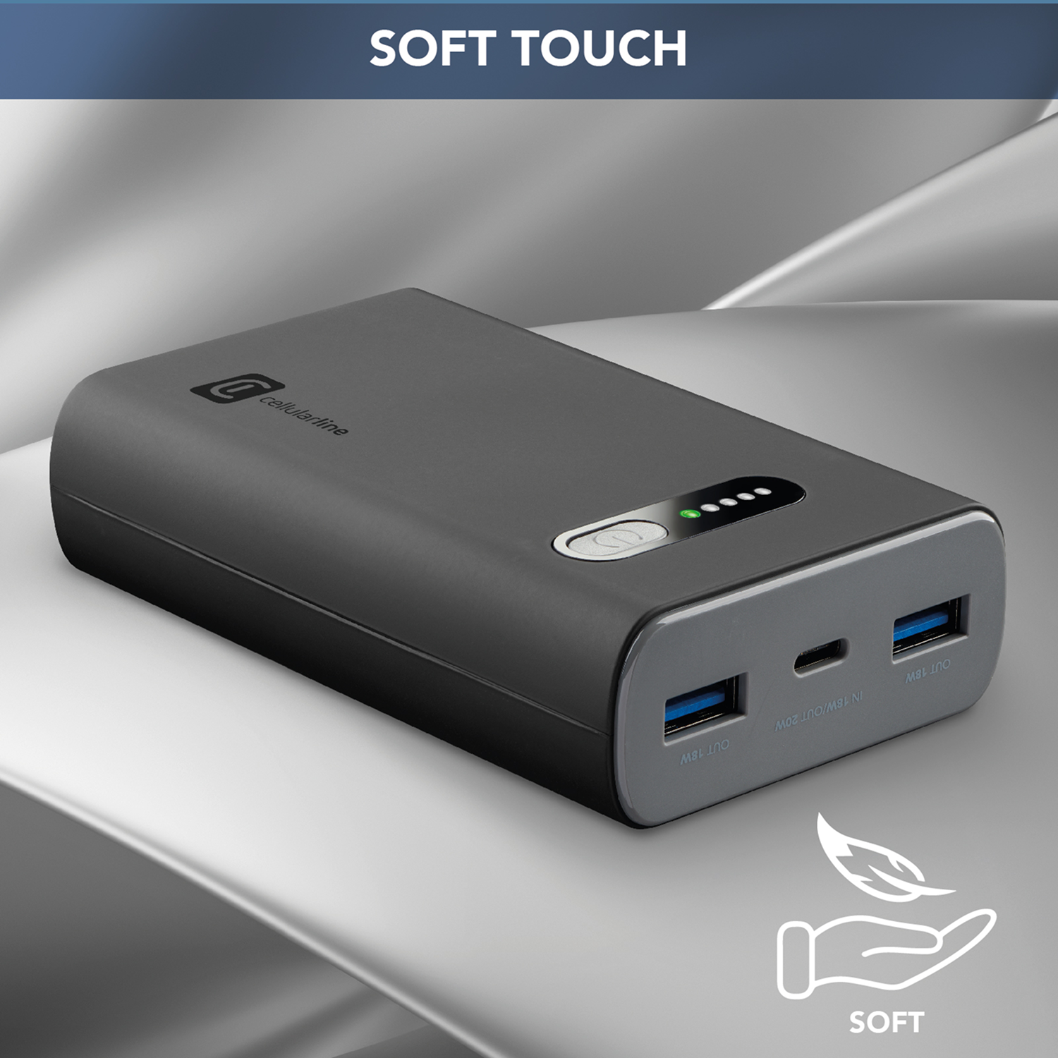 Cargador portátil gris con texto: 10000 mAh, e icono de tacto suave.