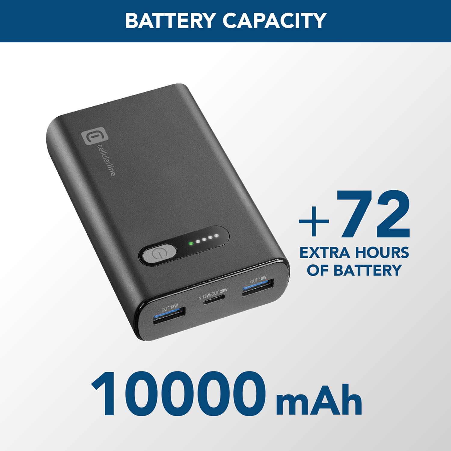 Cargador portátil gris con texto: 10000 mAh, más 72 horas extra.