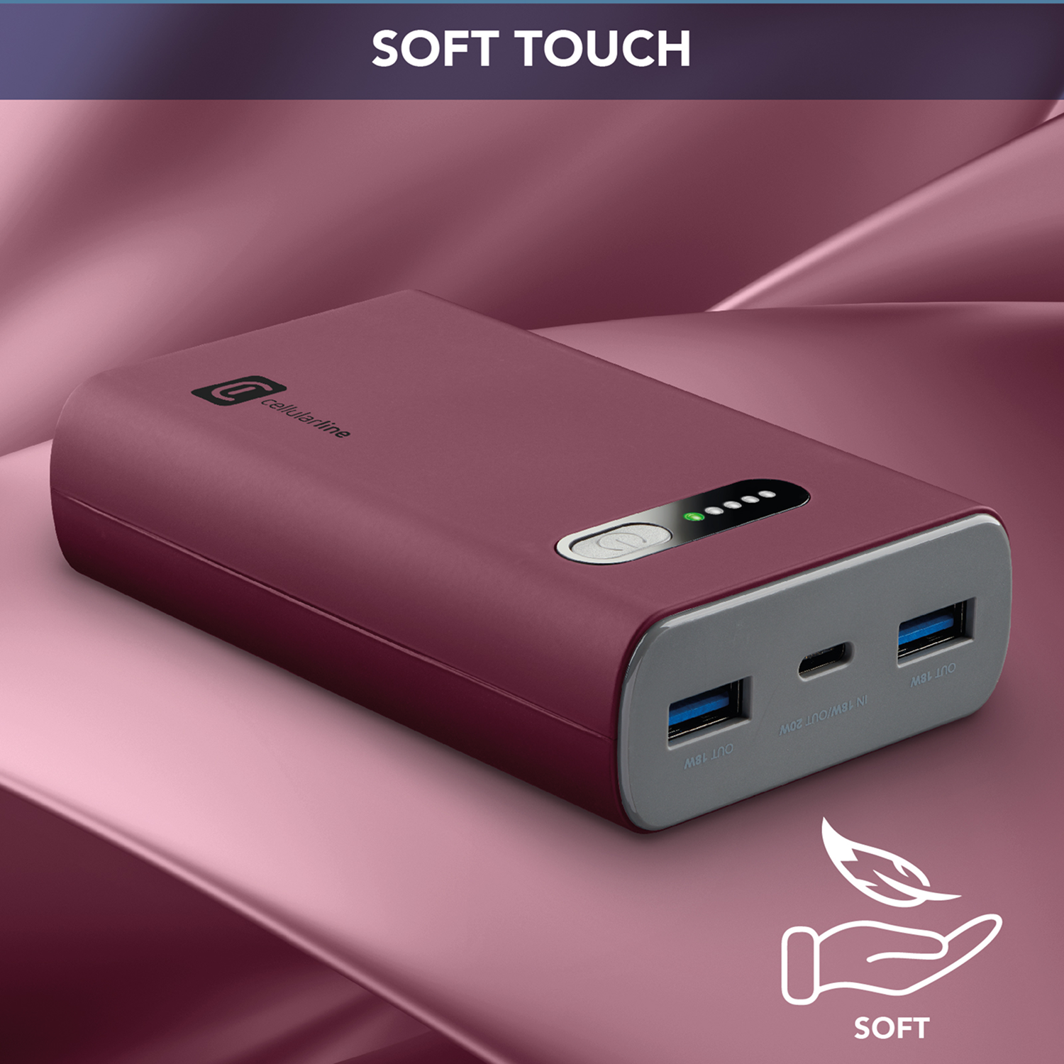 Cargador portátil burdeos con texto: 10000 mAh, e icono de tacto suave.