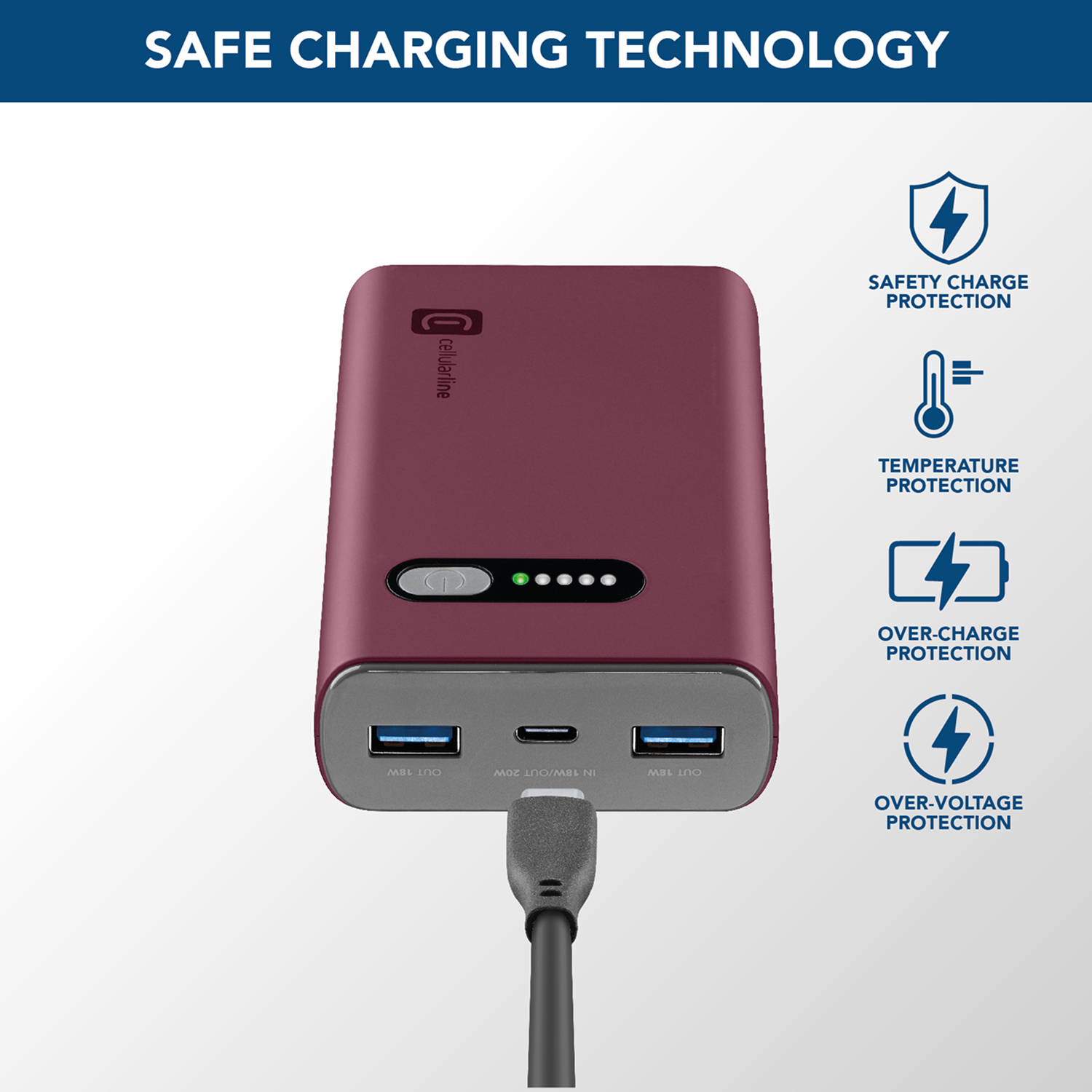 Un banco de energía burdeos con cable de carga e iconos de seguridad.
