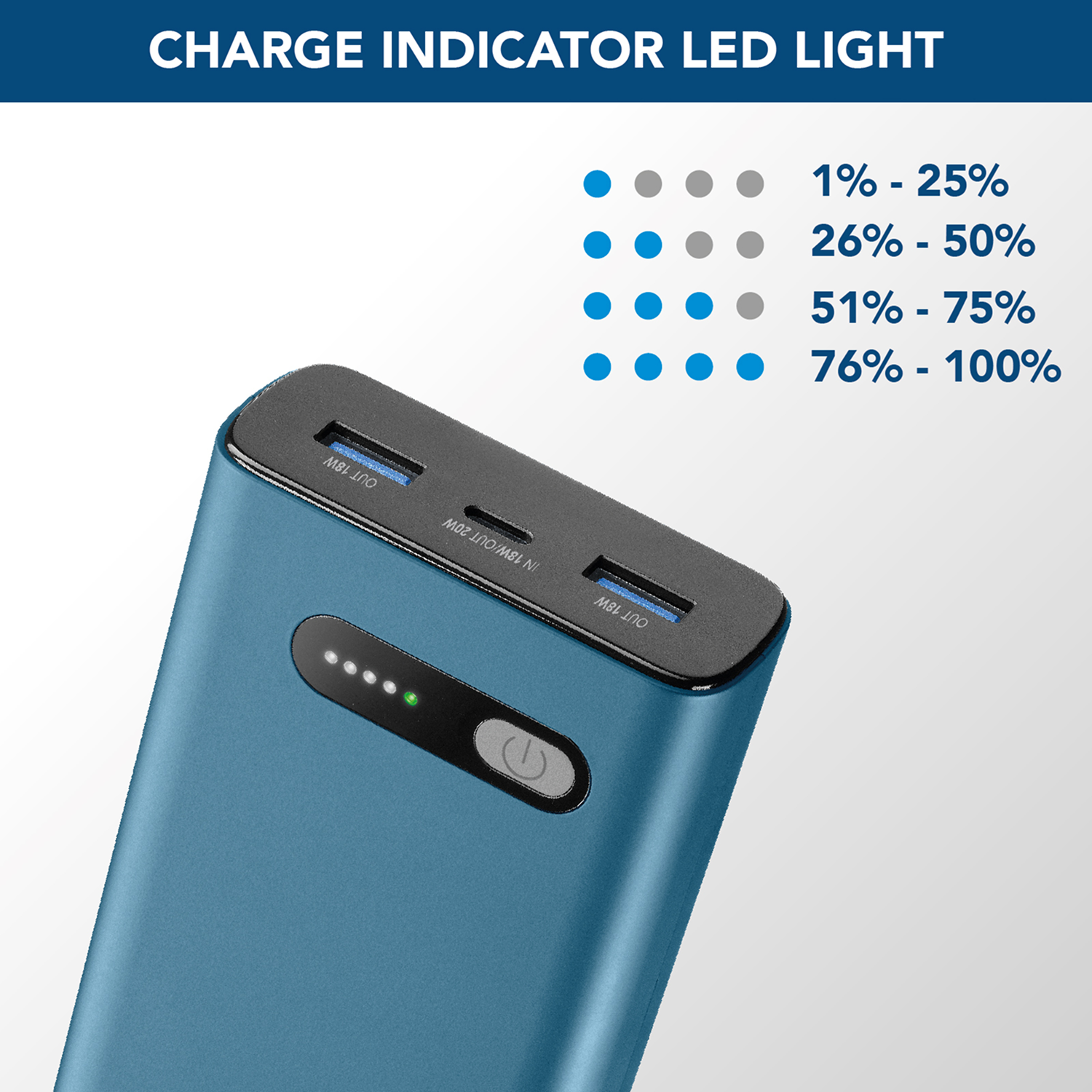 Banco de energía azul con indicador de carga LED.