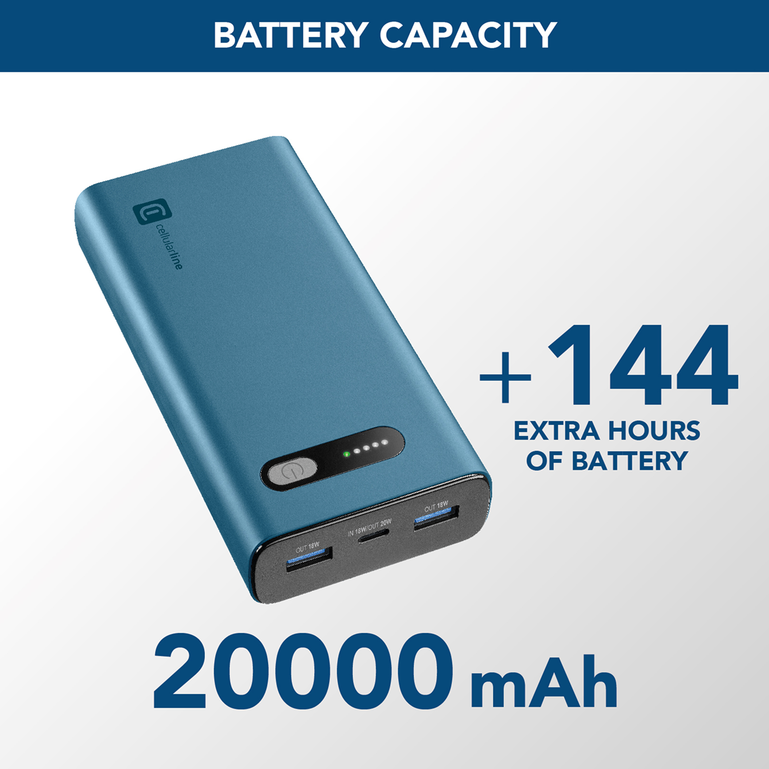 Un banco de energía azul con texto que indica capacidad de batería extra y 20000 mAh.