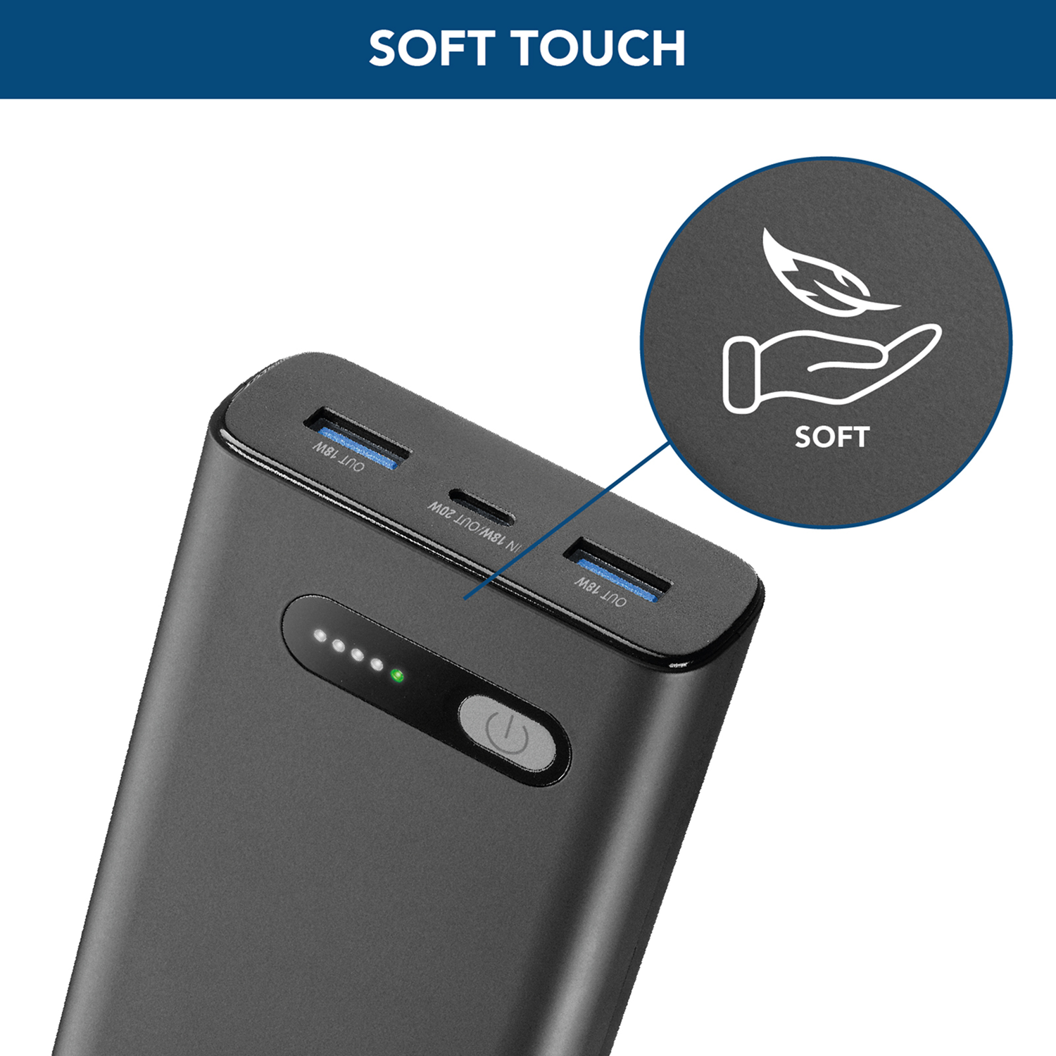 Banco de energía negro con puertos USB. Un icono circular con una hoja y una mano.