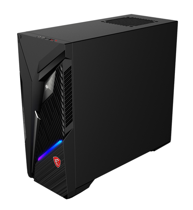 Czarna obudowa komputera do gier MSI stoi pod kątem, pokazując swój design i logo.